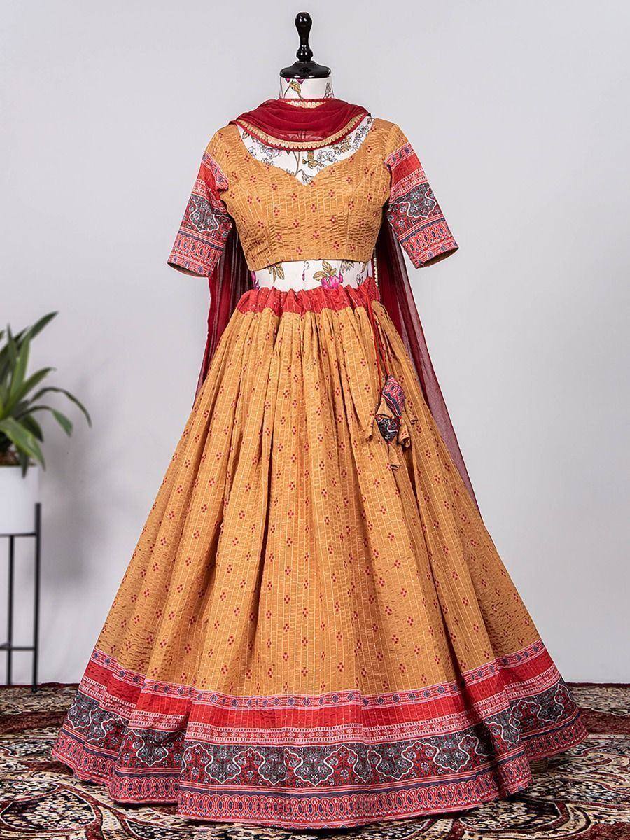 Mustard and red printed lehenga choli with floral dupatta, ethnic Indian wear for festive occasions