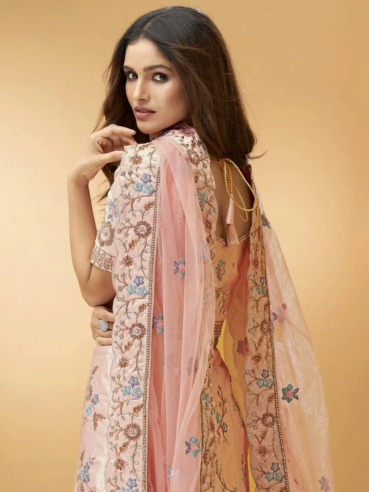 Pink embroidered salwar kameez with floral detailing and sheer dupatta, Indian ethnic wear