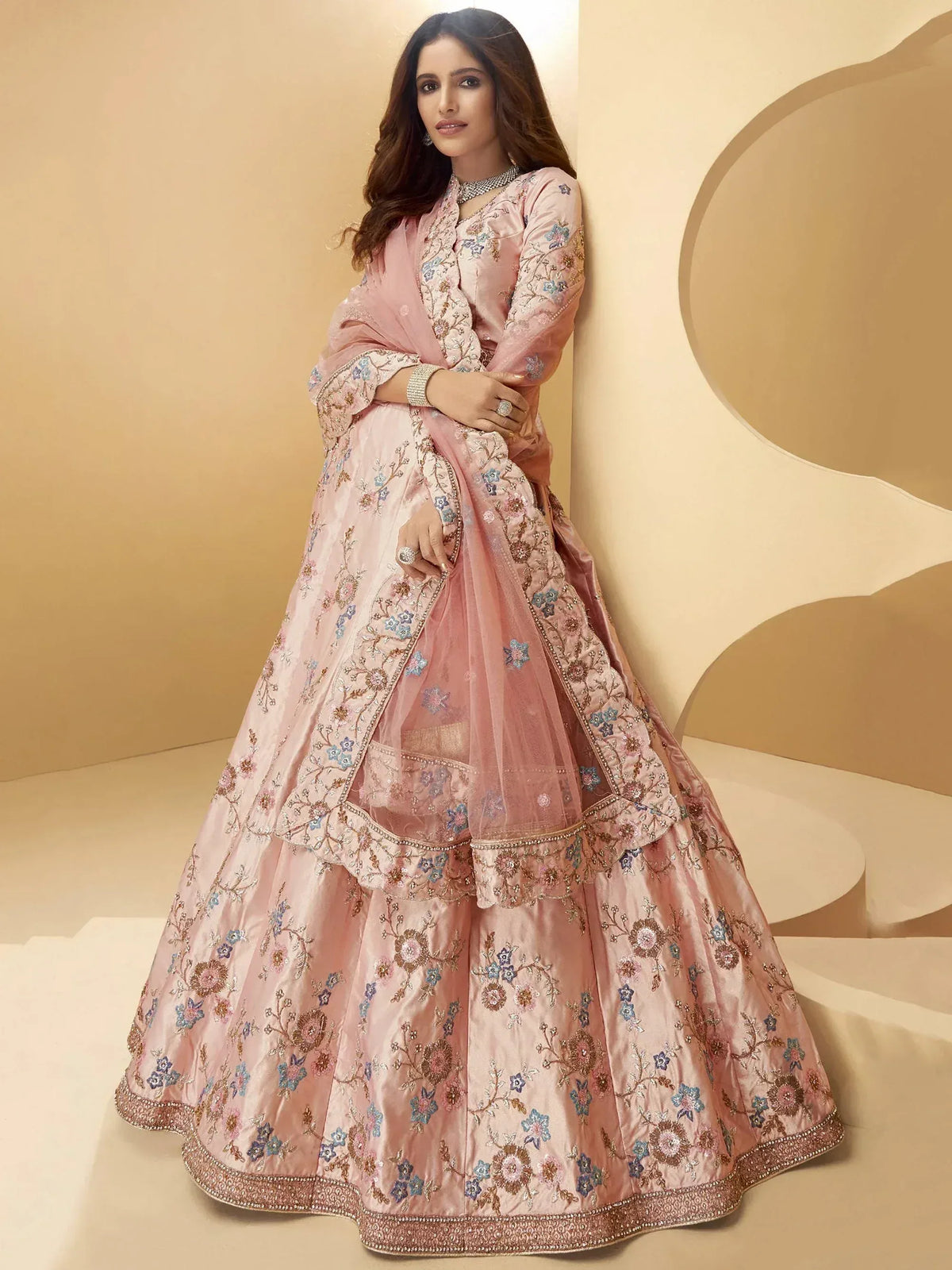 Pink floral embroidered lehenga choli with net dupatta, Indian ethnic wear for weddings and parties