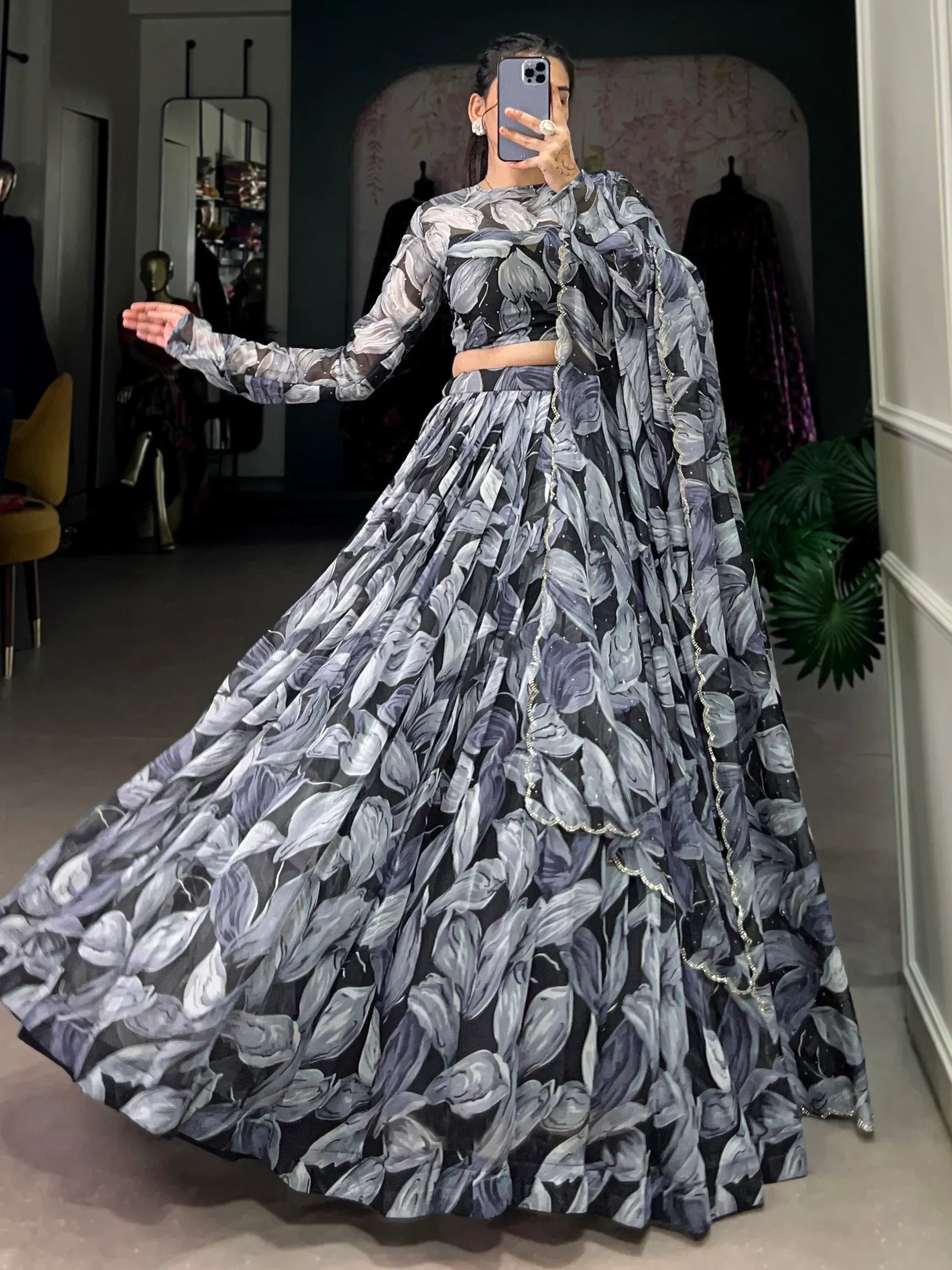 Precious Black Digital Printed Silk Party Wear Lehenga Choli With Dupatta