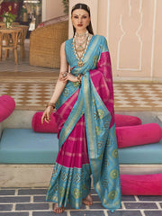 Lovely Sky Blue And Pink Silk Patola Festival Wear Saree With Blouse