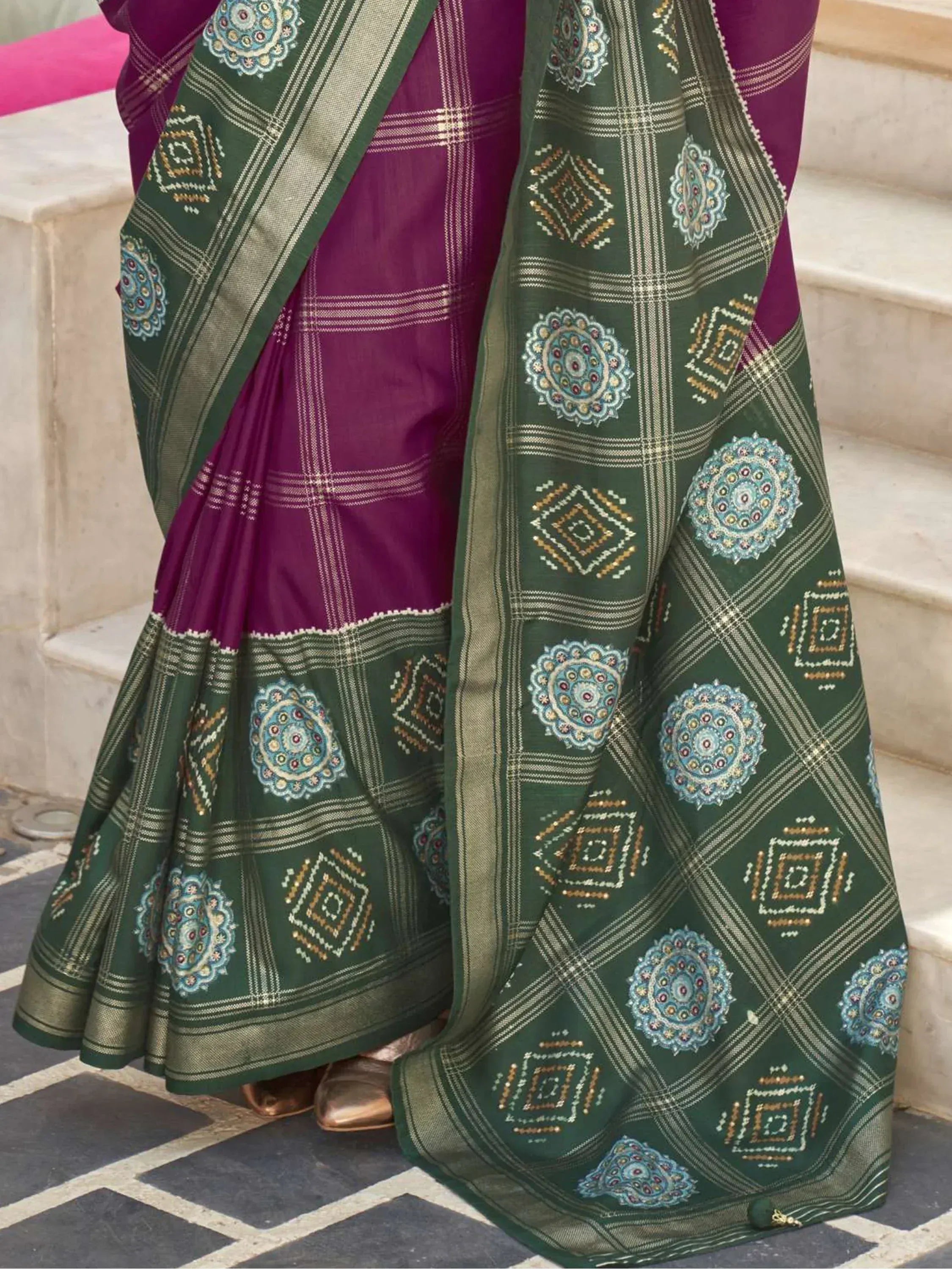 Purple and green ethnic saree with intricate mandala and geometric prints, perfect for Indian occasions