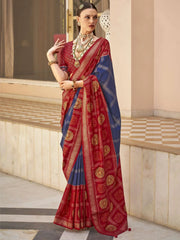 Beautiful Dark Blue And Red Silk Patola Festival Wear Saree With Blouse