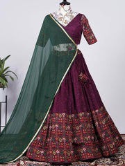 Astonishing Wine Crochet Work Chinon Printed Lehenga Choli