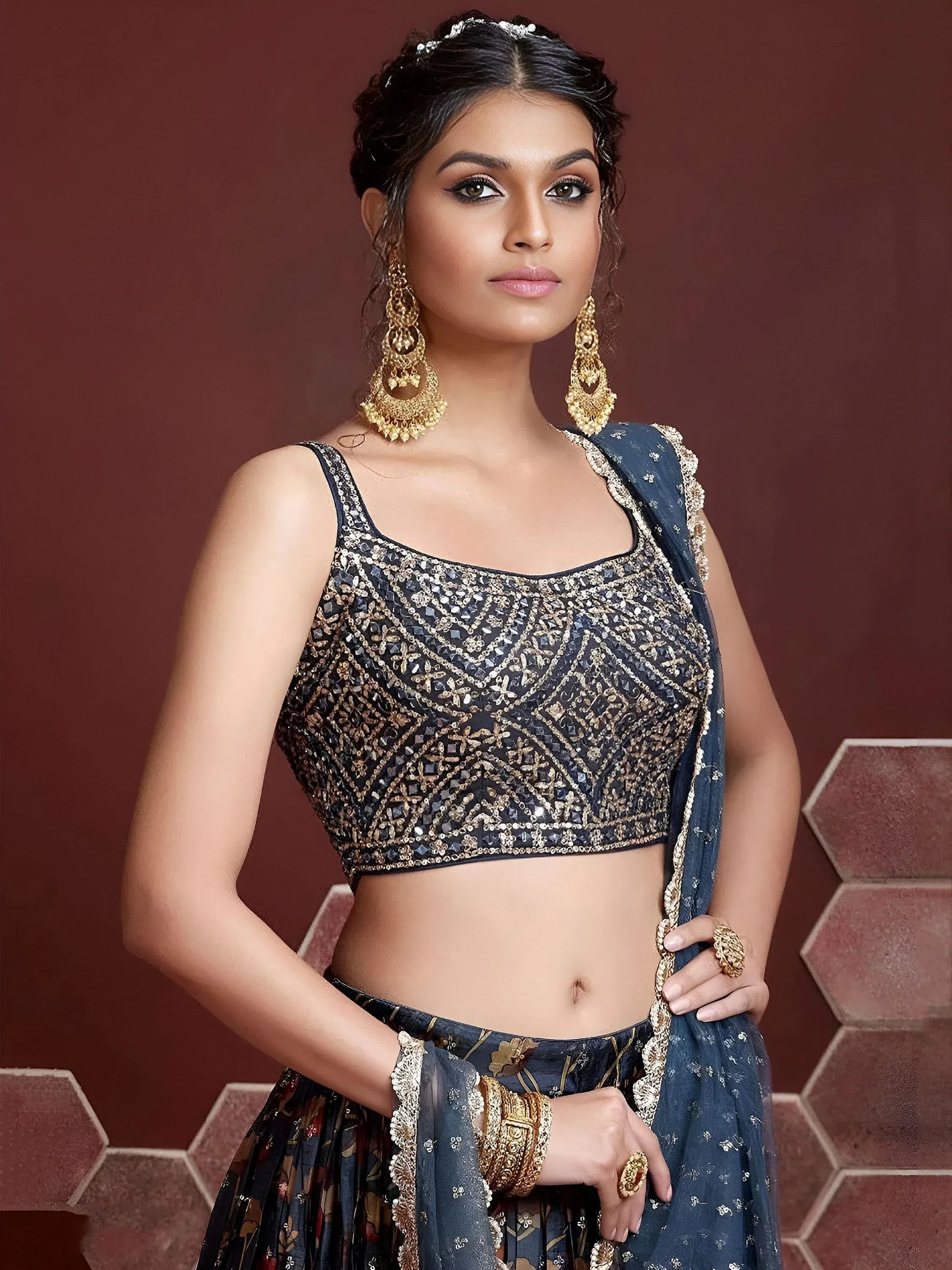 Attractive Blue Printed Silk Engagement Wear Plus Size Lehenga Choli