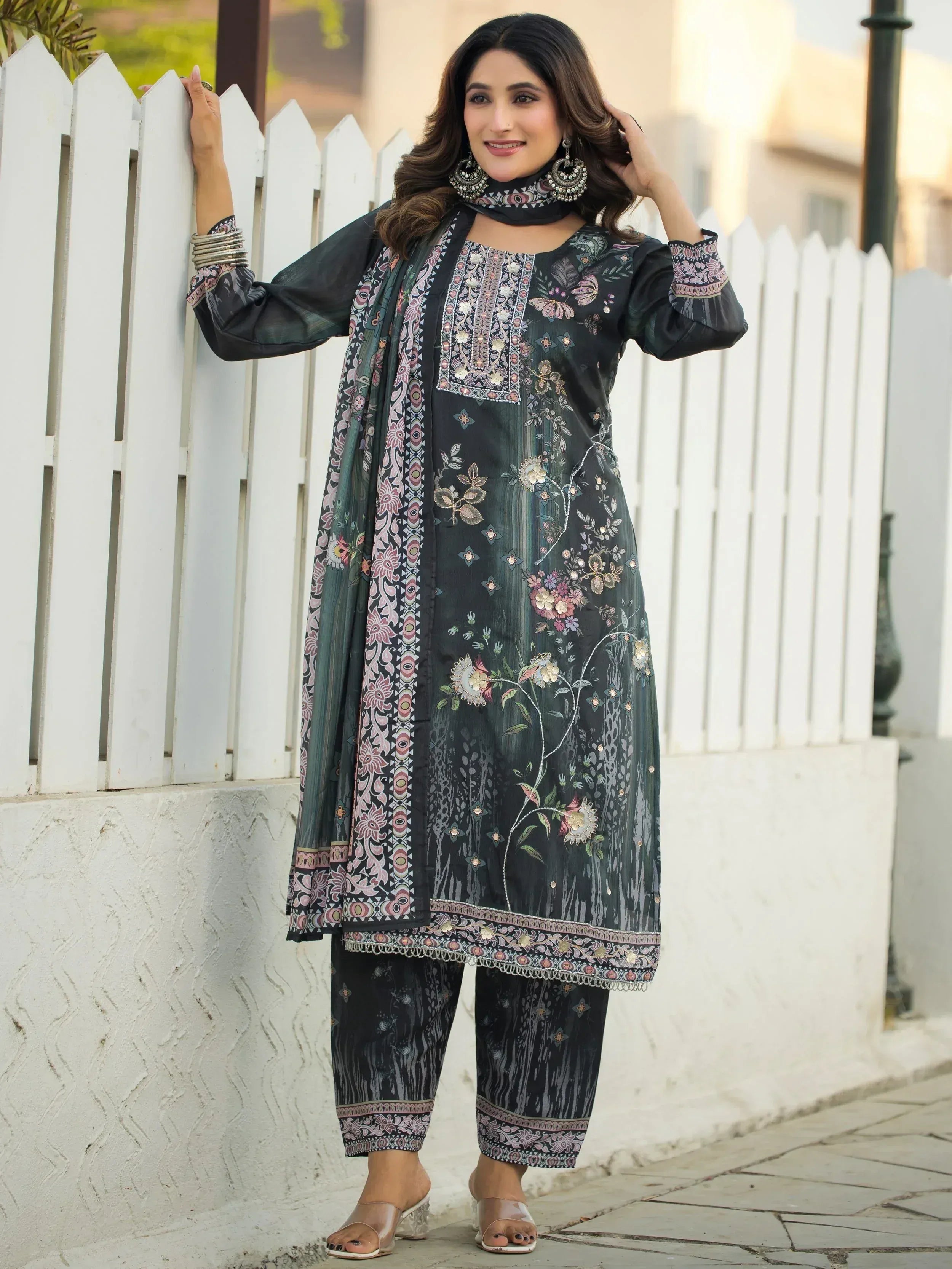 Fabulous Dark Green Digital Printed Chinon Function Wear Straight Suit