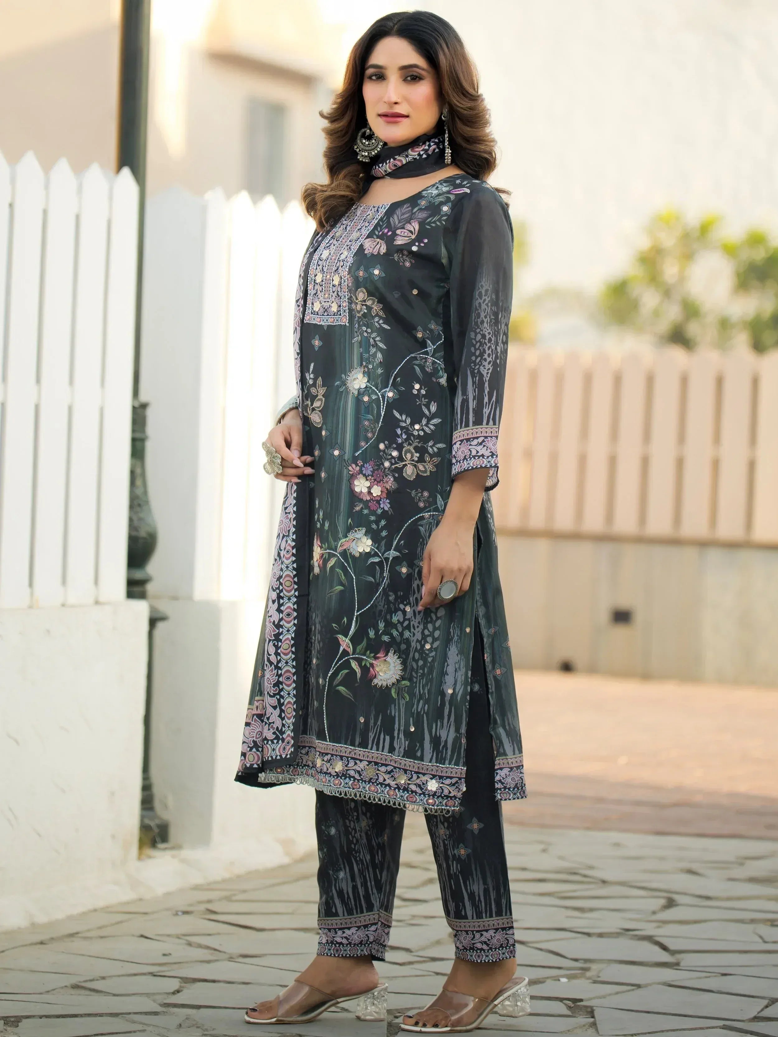 Fabulous Dark Green Digital Printed Chinon Function Wear Straight Suit