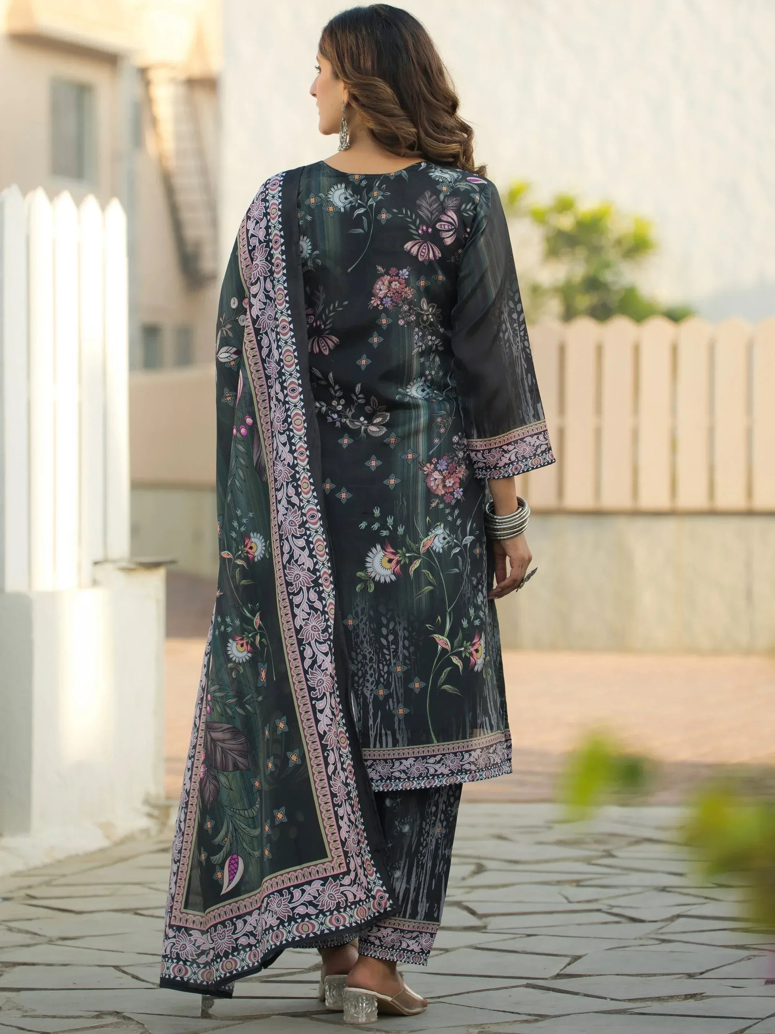 Fabulous Dark Green Digital Printed Chinon Function Wear Straight Suit