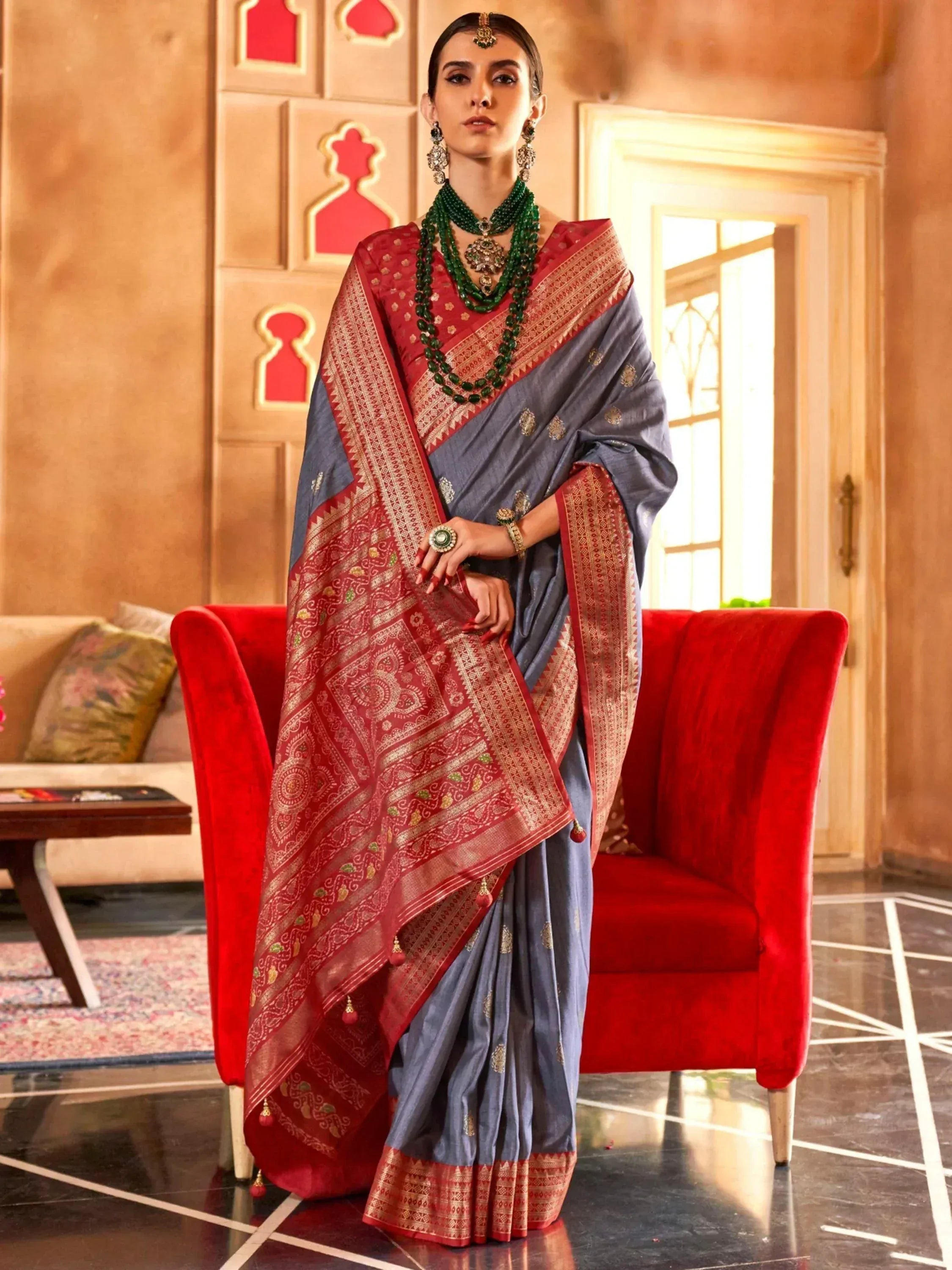 Startling Dusty Blue Patola Printed Silk Wedding Wear Saree With Blouse
