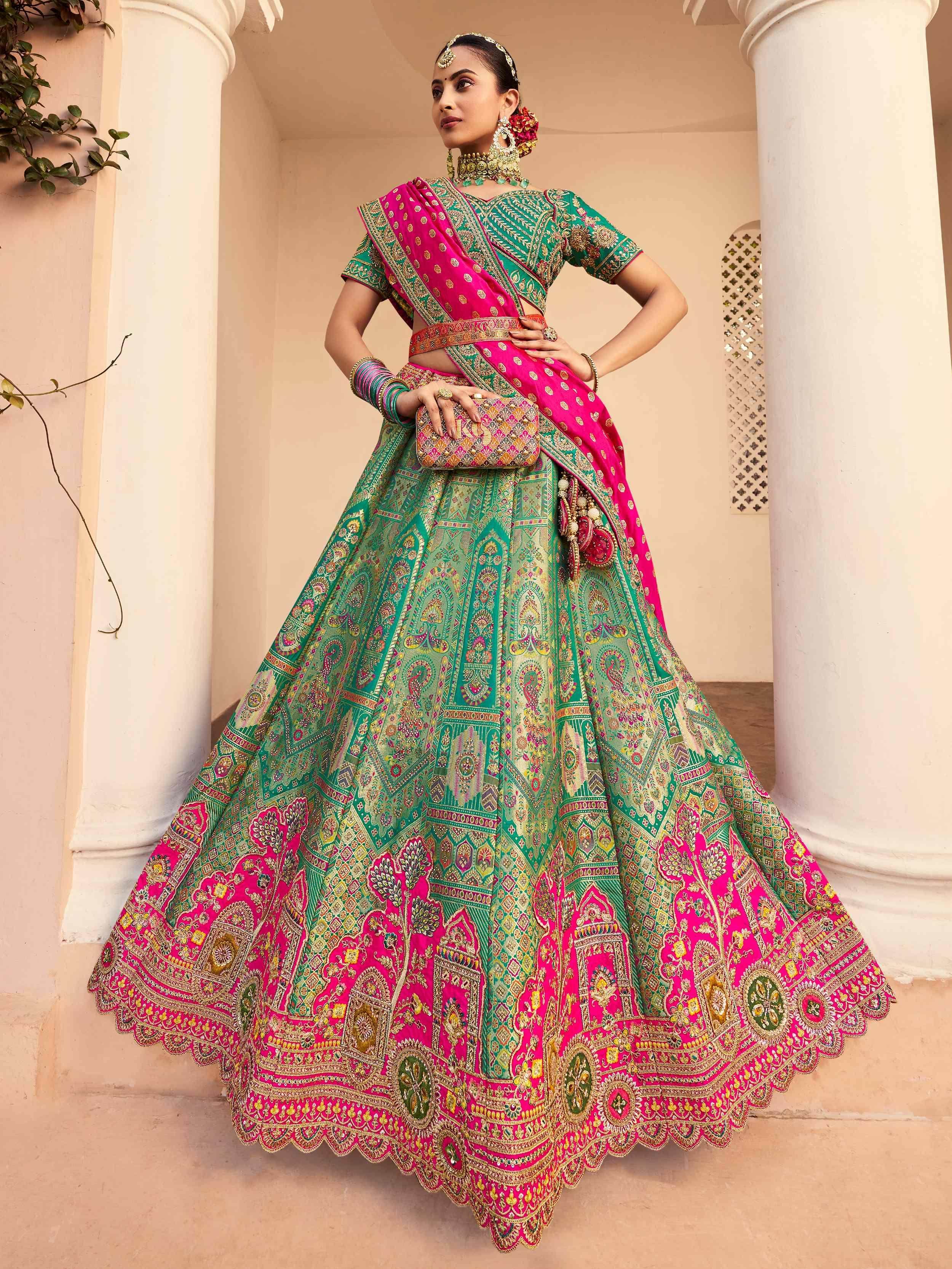 Stunning Teal Green Sequins Embroidered Banarasi Silk Lehenga Choli