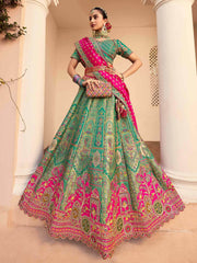 Stunning Teal Green Sequins Embroidered Banarasi Silk Lehenga Choli