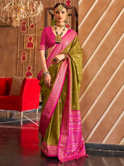 Staggering Olive Green Patola Printed Silk Event Wear Saree With Blouse