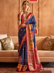 Dazzling Navy Blue Patola Printed Silk Function Wear Saree With Blouse