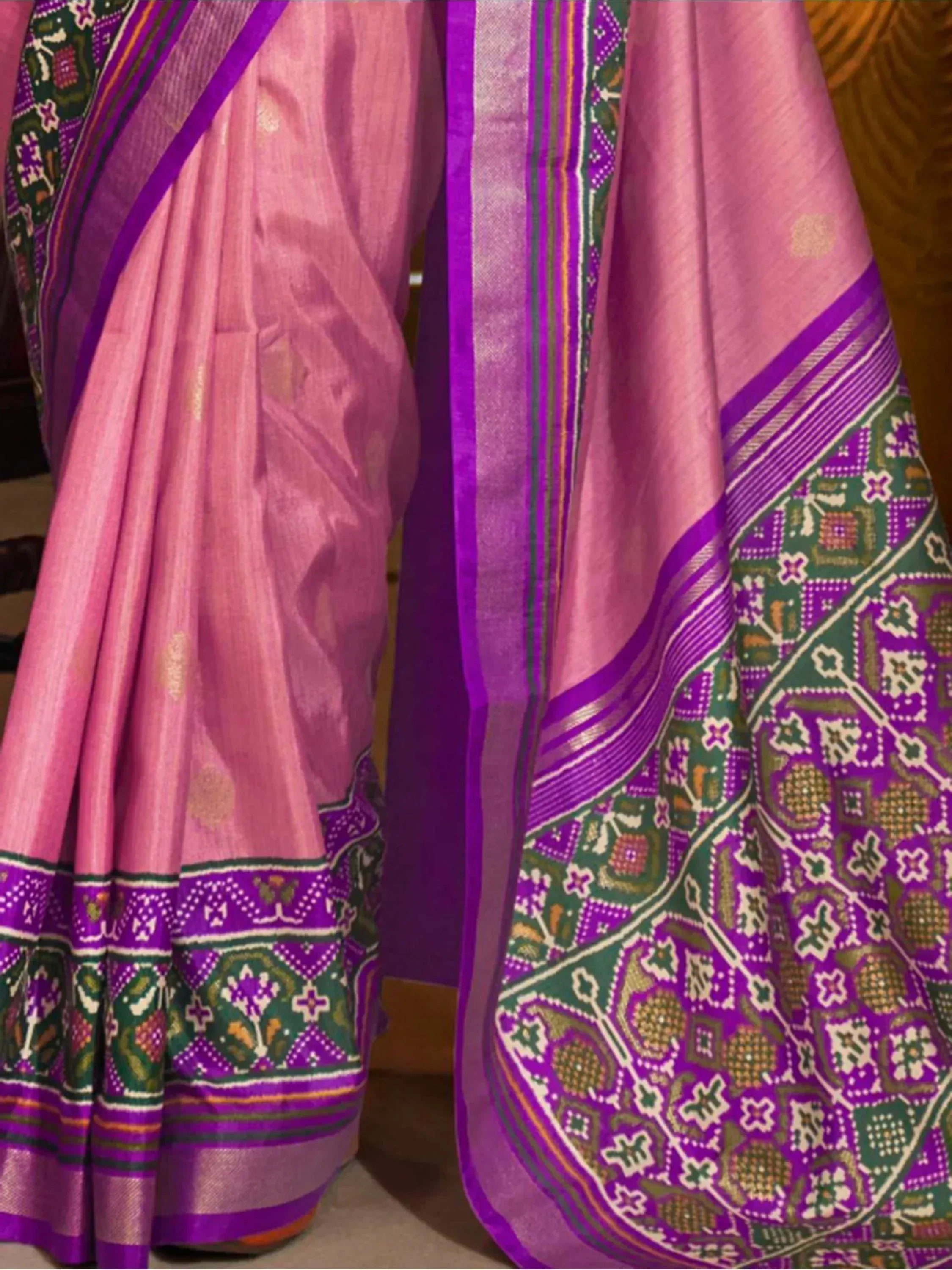 Pink and purple ethnic saree with green floral border, traditional Indian designer wear