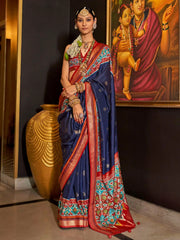 Beautiful Dark Blue Silk Patola Wedding Wear Saree With Blouse