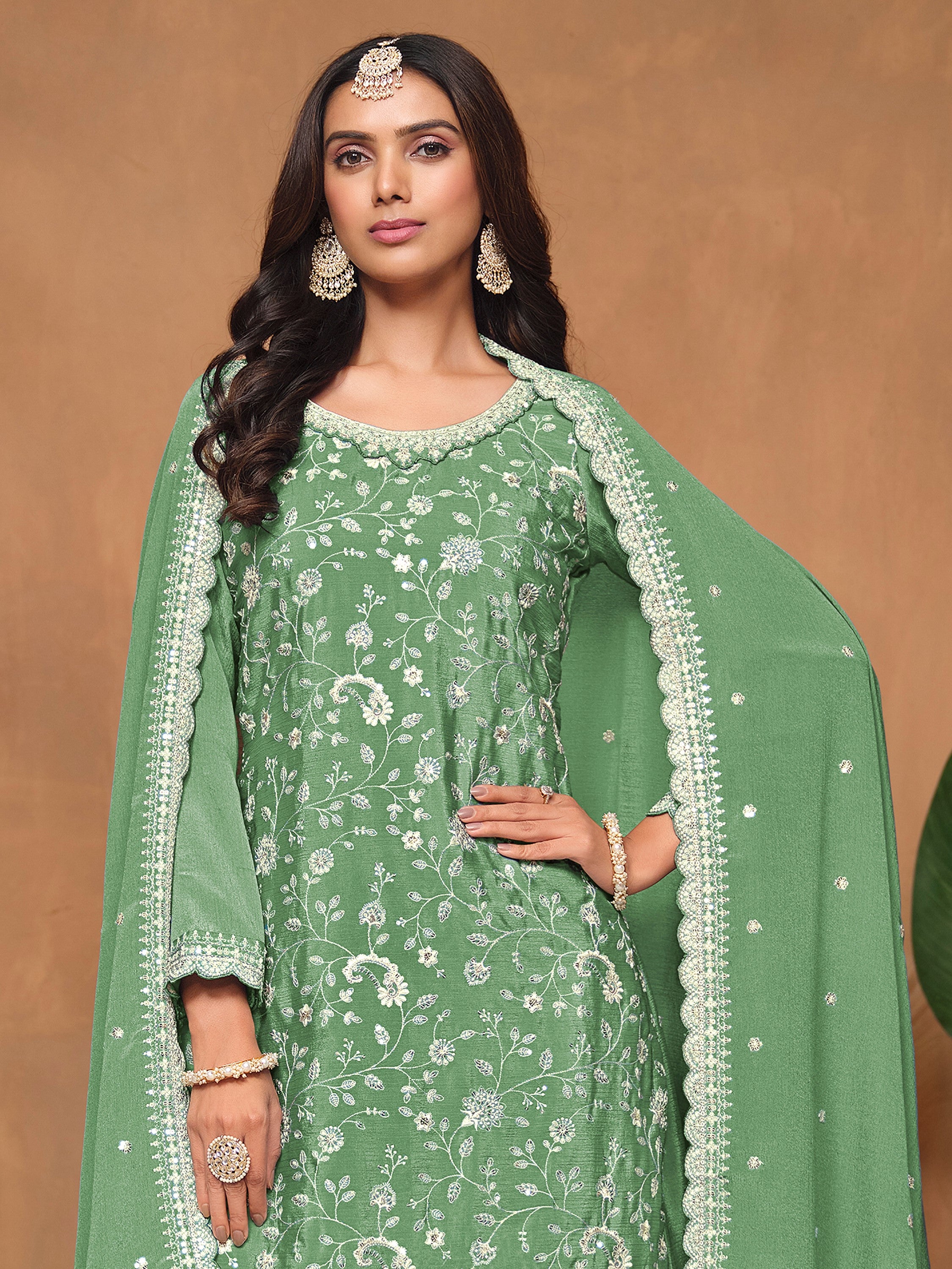 Rich Pista Green Thread Work Chinon Festive Wear Salwar Suit