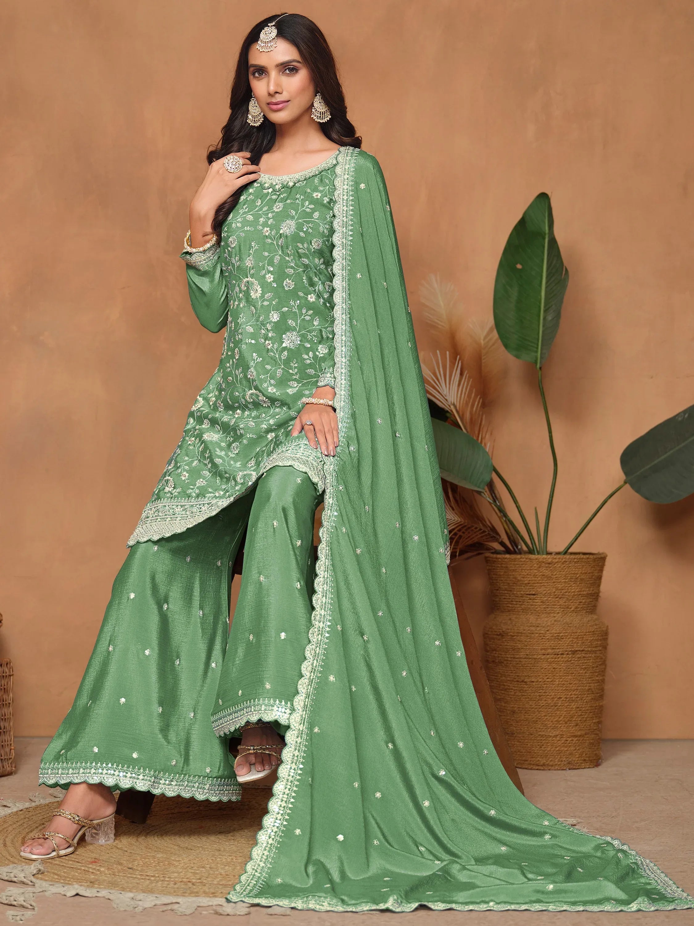 Rich Pista Green Thread Work Chinon Festive Wear Salwar Suit