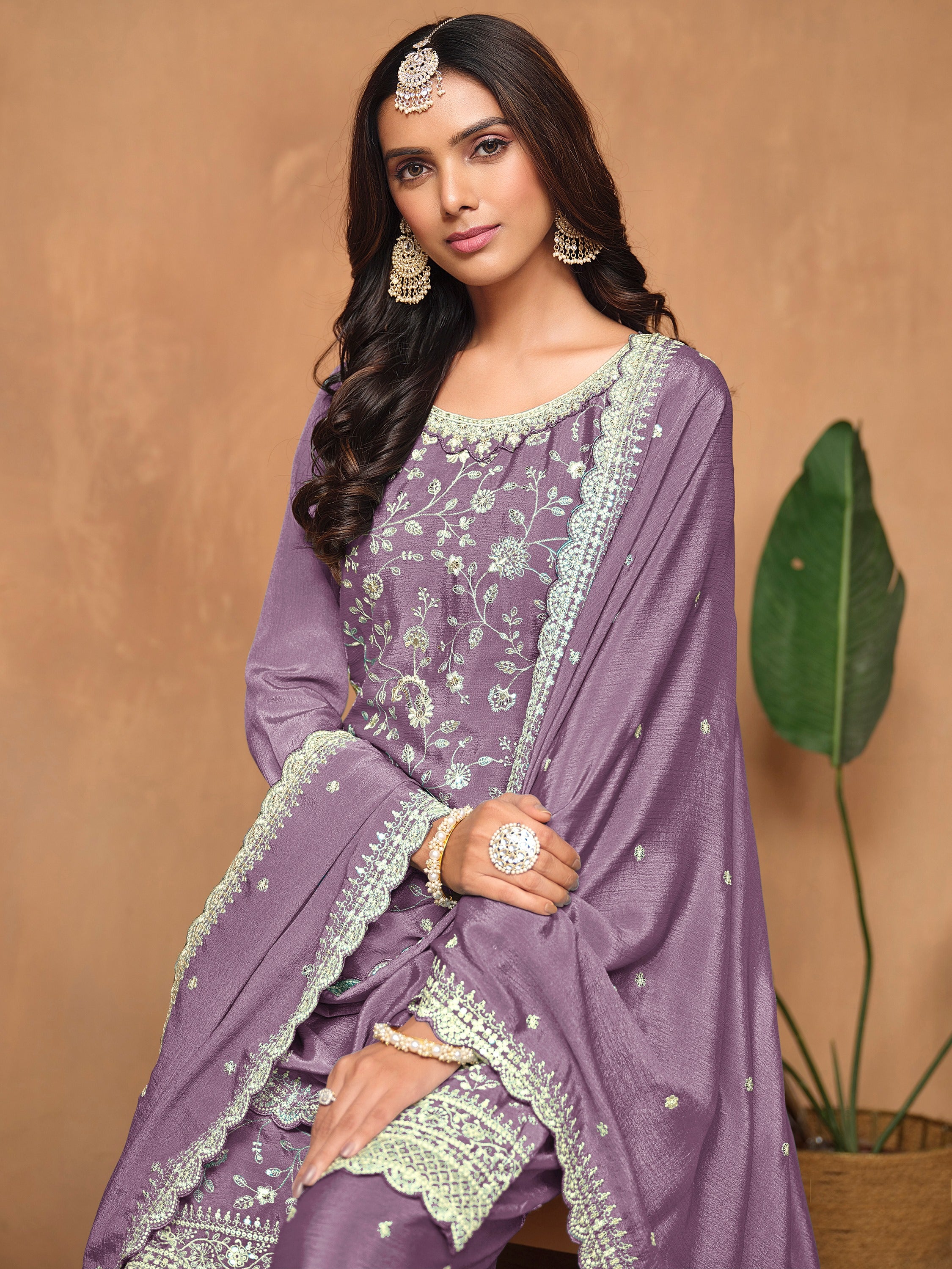Beautiful Lavender Sequins Chinon Wedding Wear Salwar Suit With Dupatta