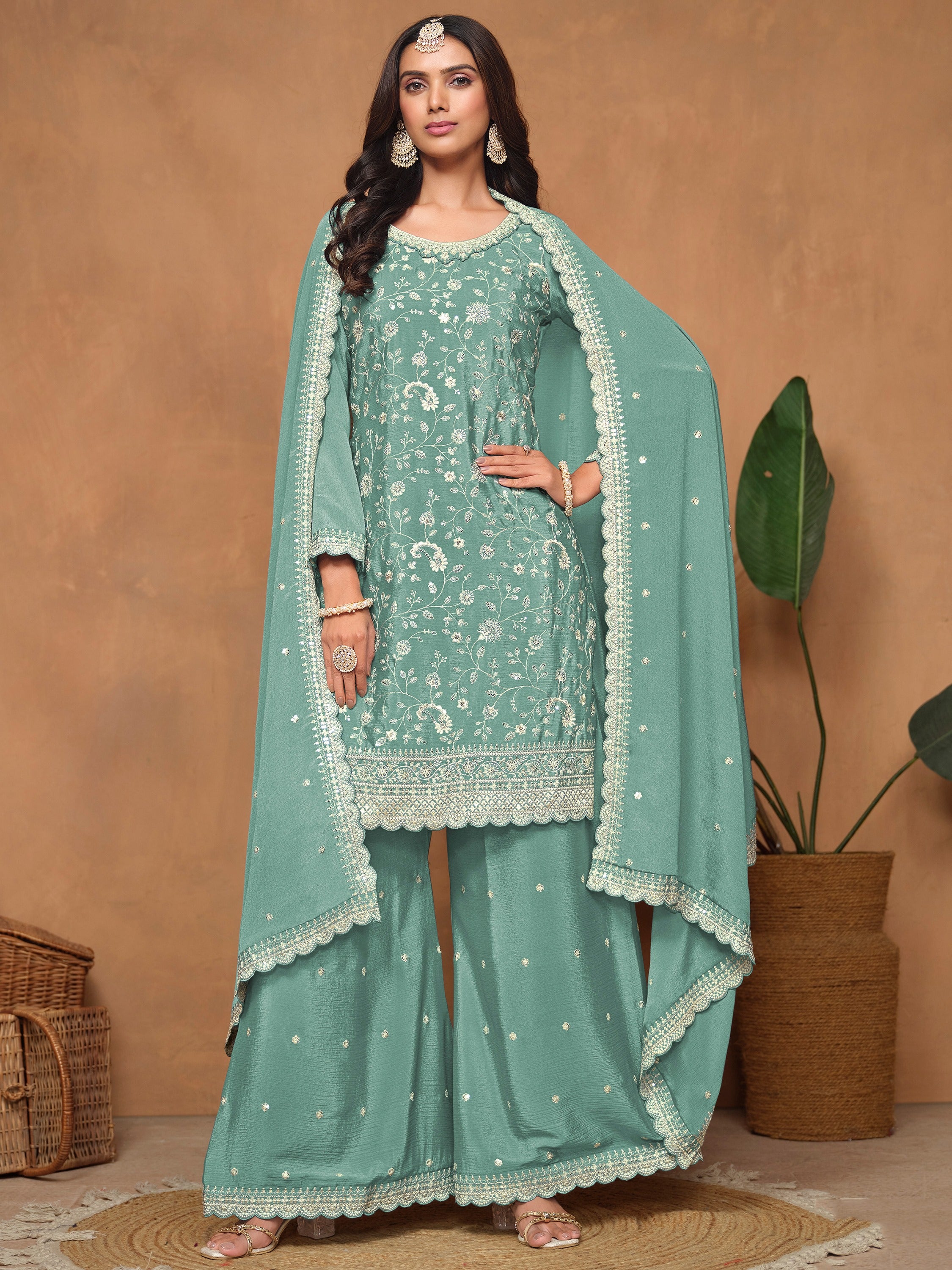 Amazing Sea Green Sequins Chinon Traditional Salwar Suit With Dupatta