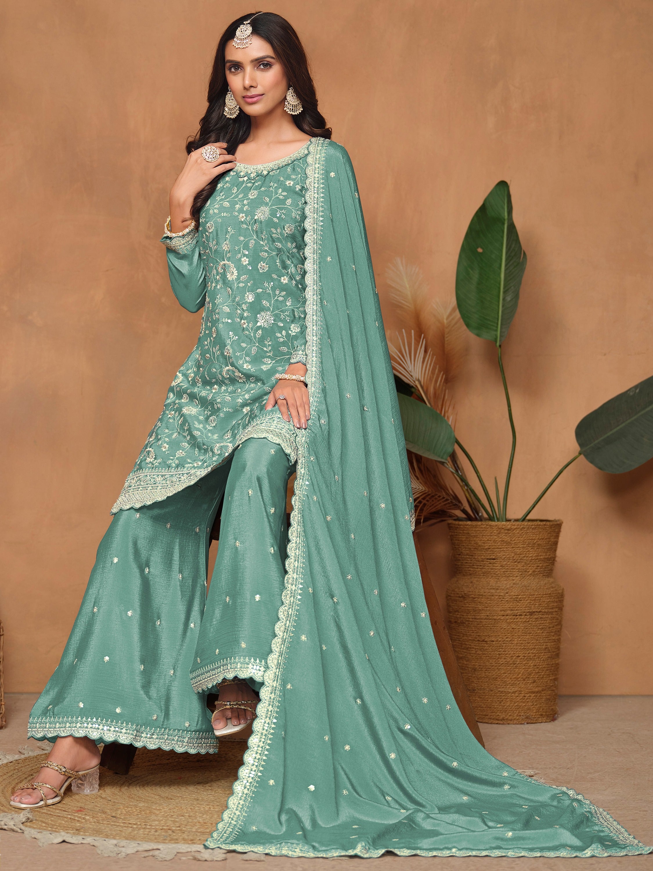 Amazing Sea Green Sequins Chinon Traditional Salwar Suit With Dupatta