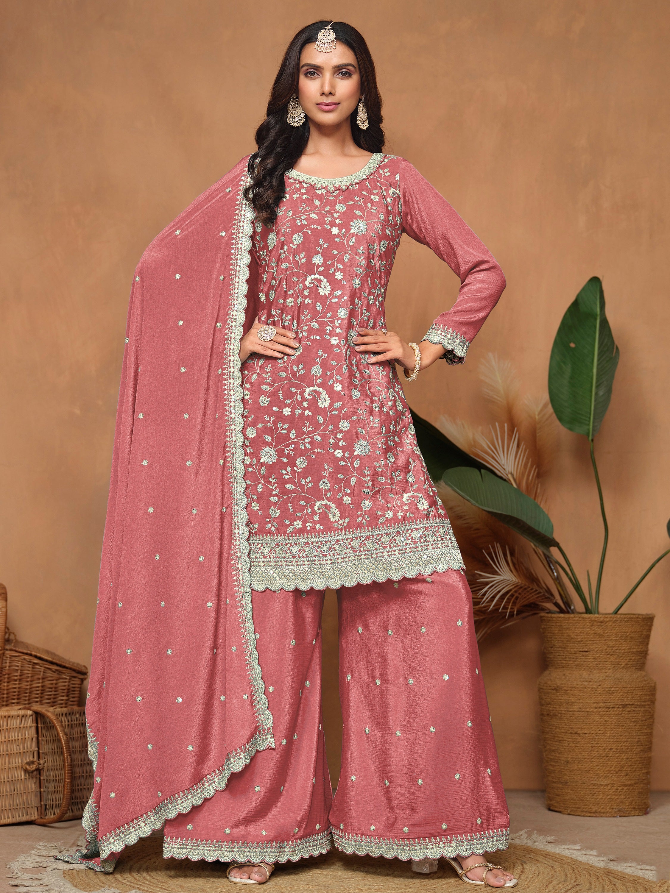 Gorgeous Dusty Pink Embroidered Chinon Engagement Wear Salwar Suit