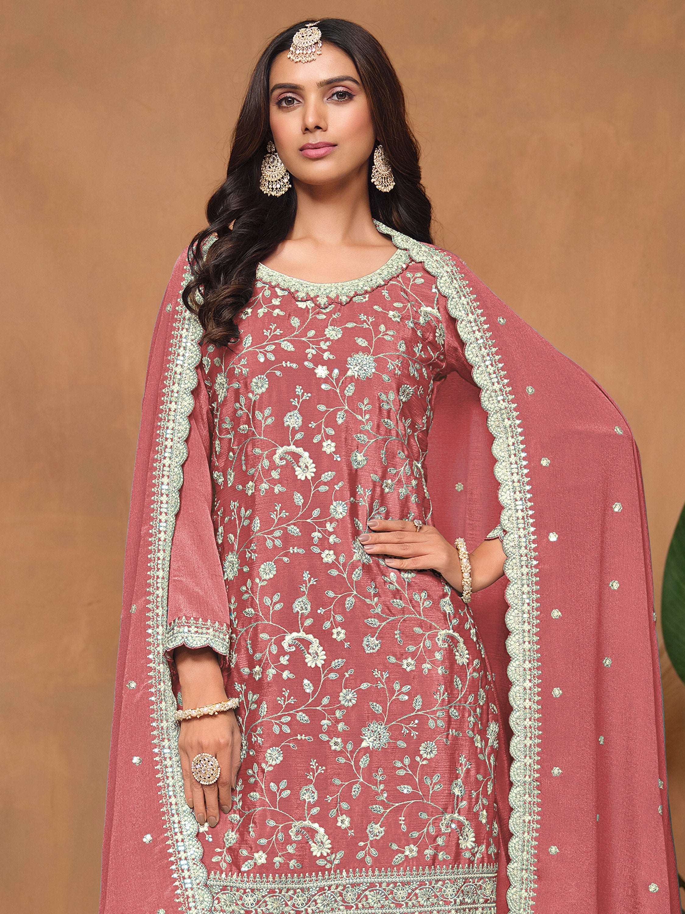 Gorgeous Dusty Pink Embroidered Chinon Engagement Wear Salwar Suit