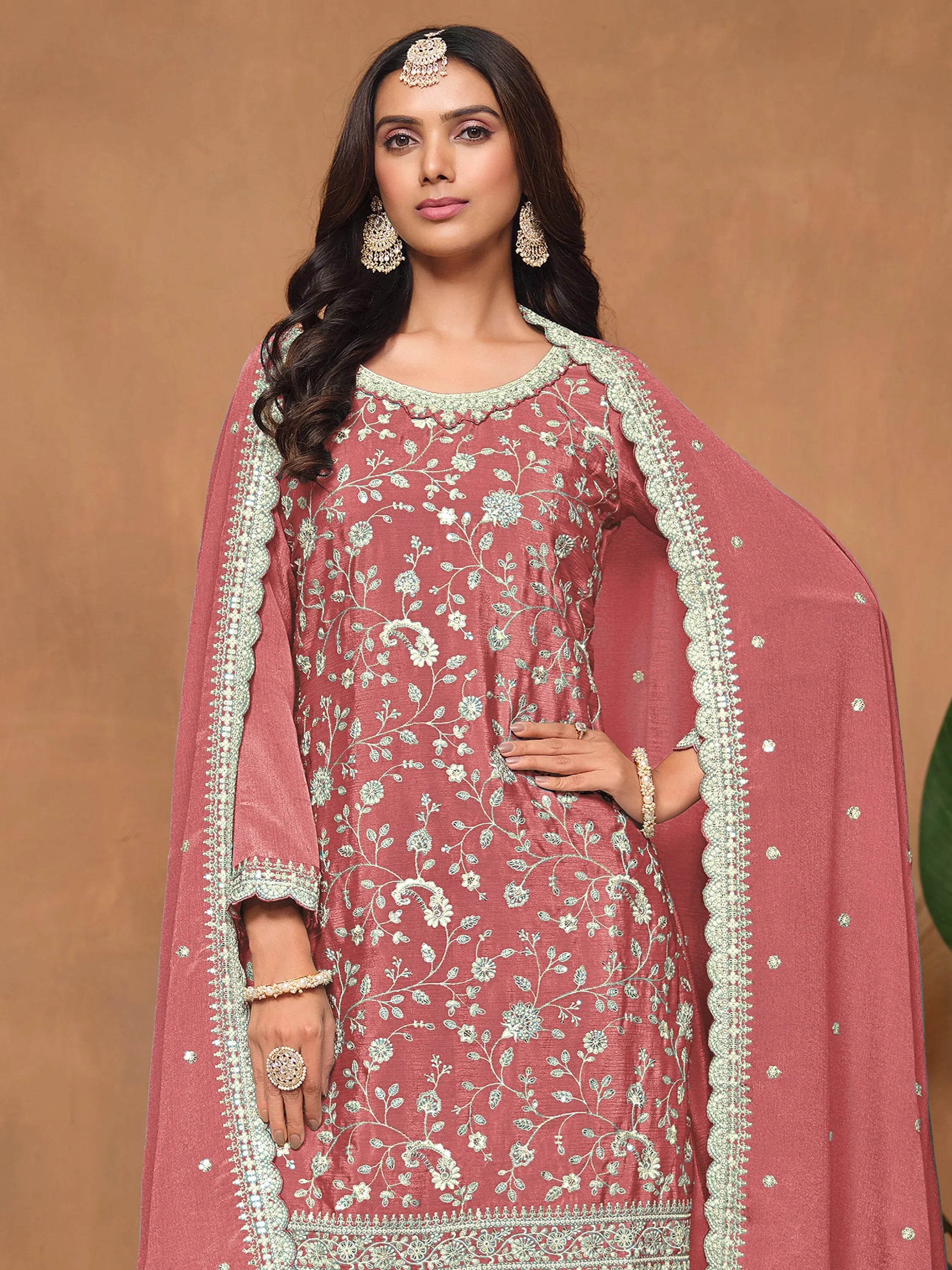 Gorgeous Dusty Pink Embroidered Chinon Engagement Wear Salwar Suit