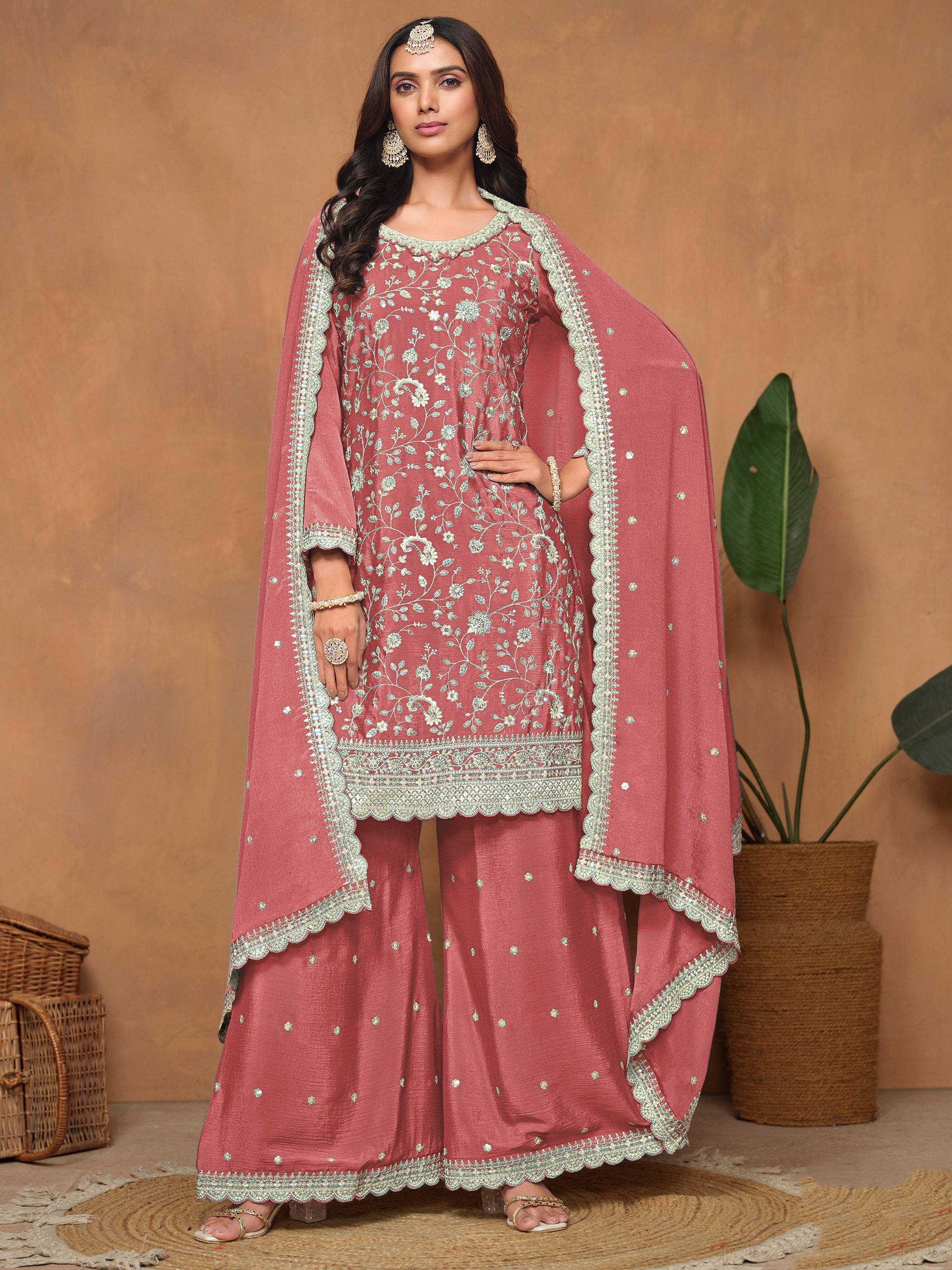 Gorgeous Dusty Pink Embroidered Chinon Engagement Wear Salwar Suit