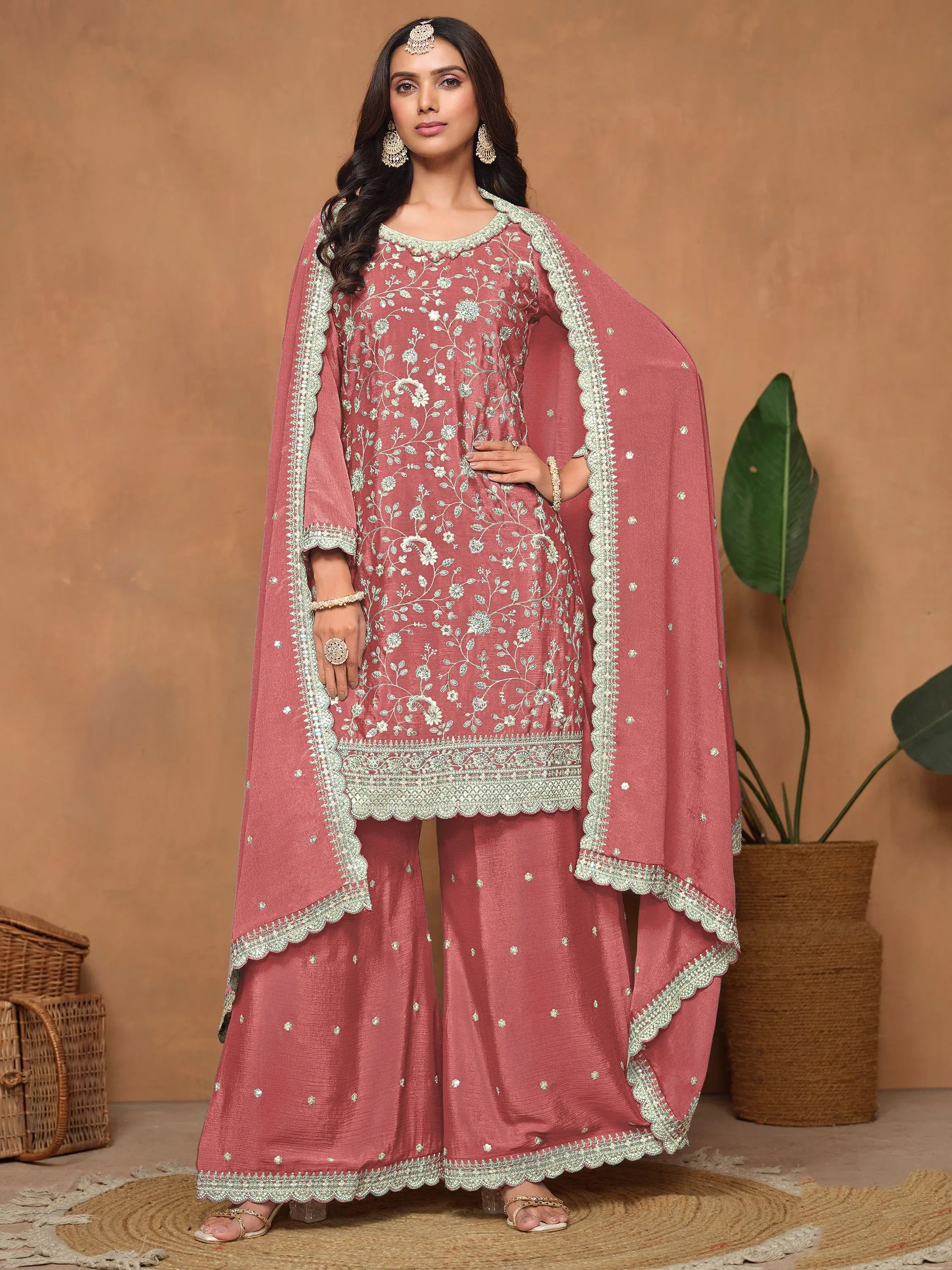 Gorgeous Dusty Pink Embroidered Chinon Engagement Wear Salwar Suit