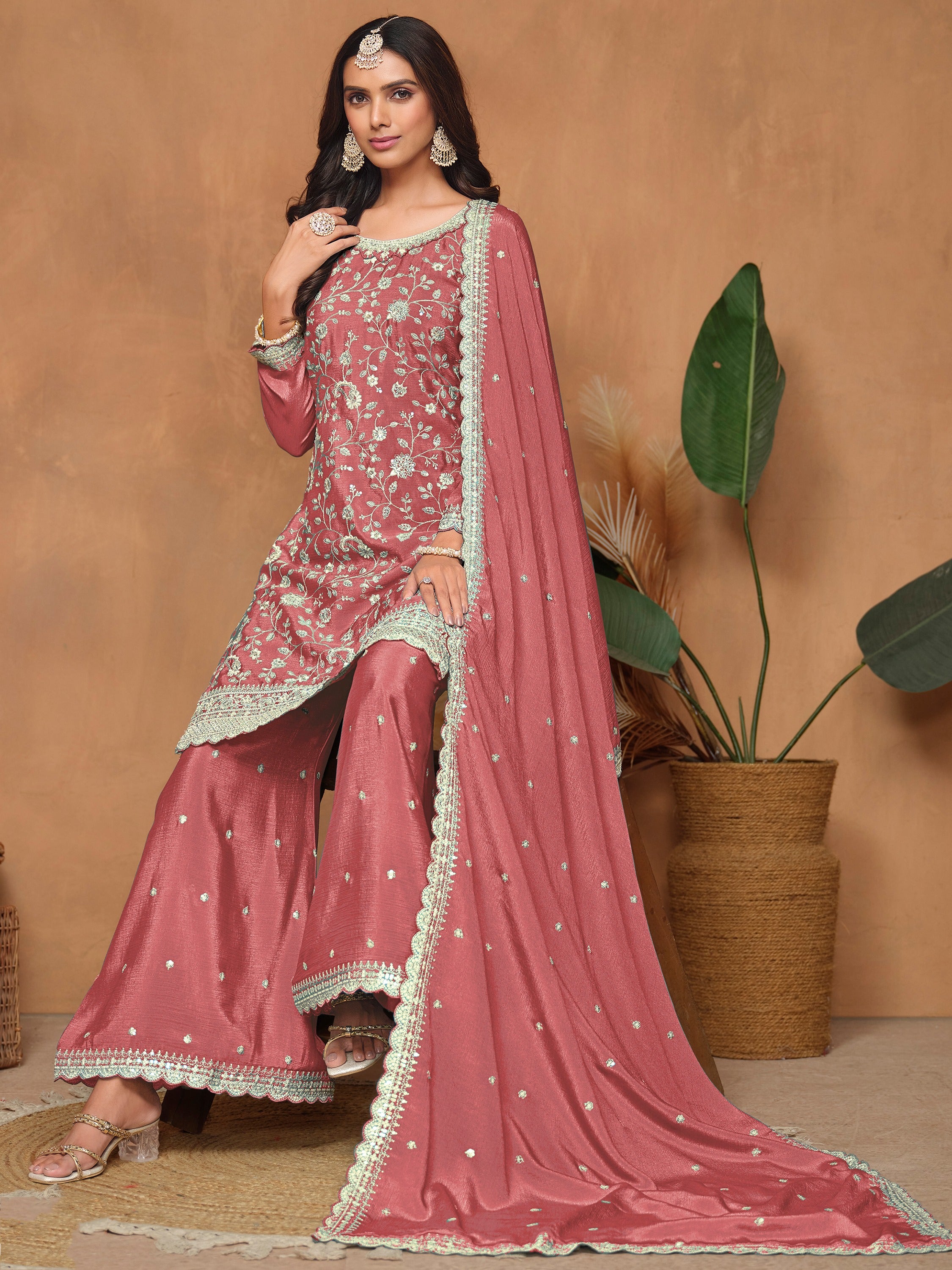 Gorgeous Dusty Pink Embroidered Chinon Engagement Wear Salwar Suit