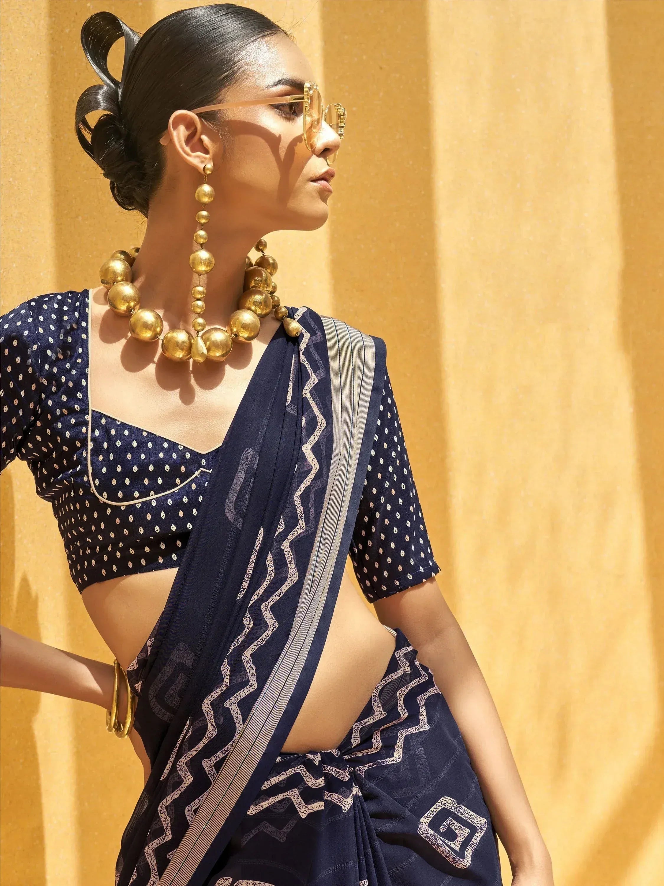 Pretty Navy Blue Foil Print Georgette Festival Wear Saree With Blouse