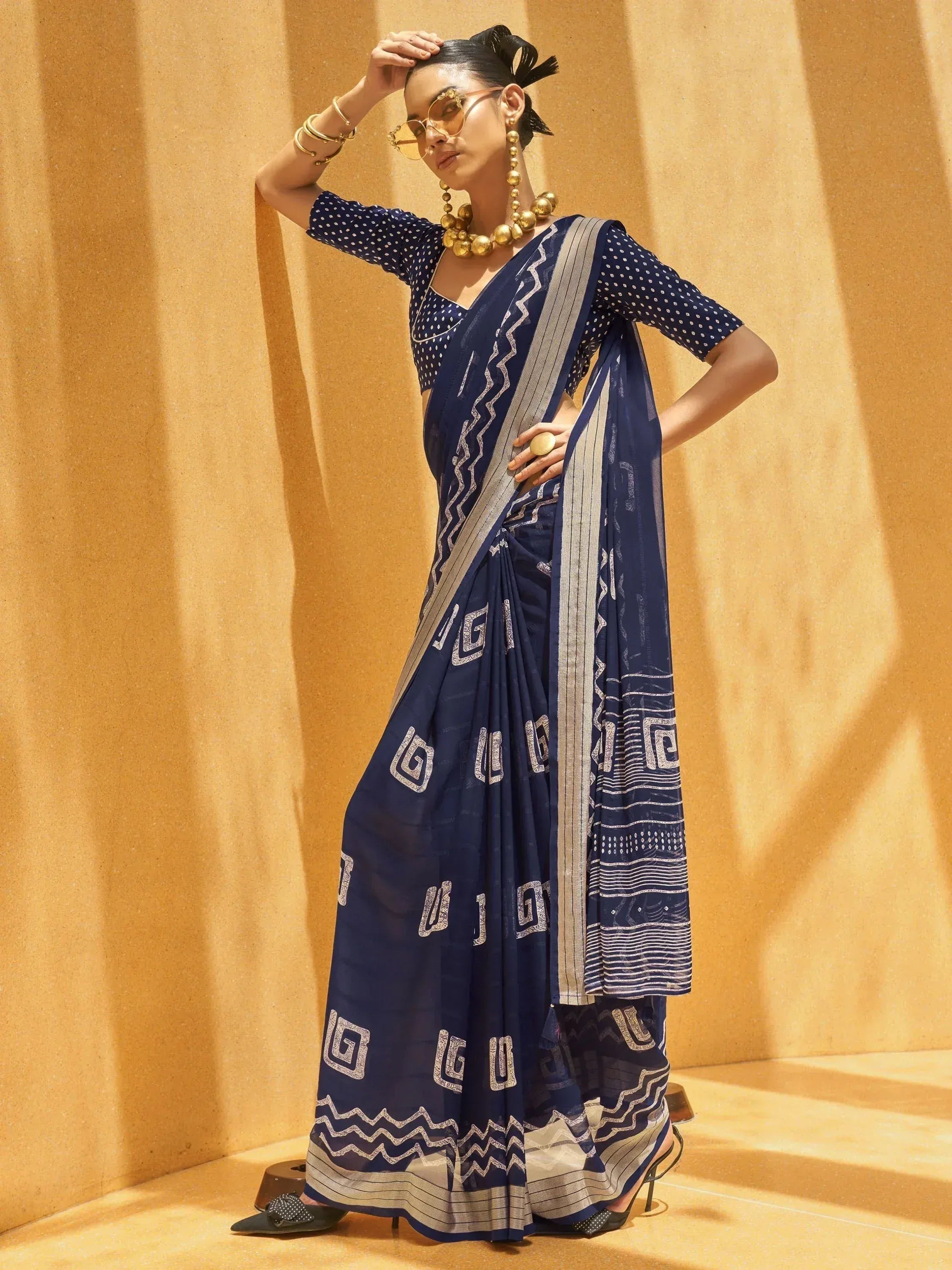 Pretty Navy Blue Foil Print Georgette Festival Wear Saree With Blouse