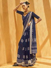 Pretty Navy Blue Foil Print Georgette Festival Wear Saree With Blouse