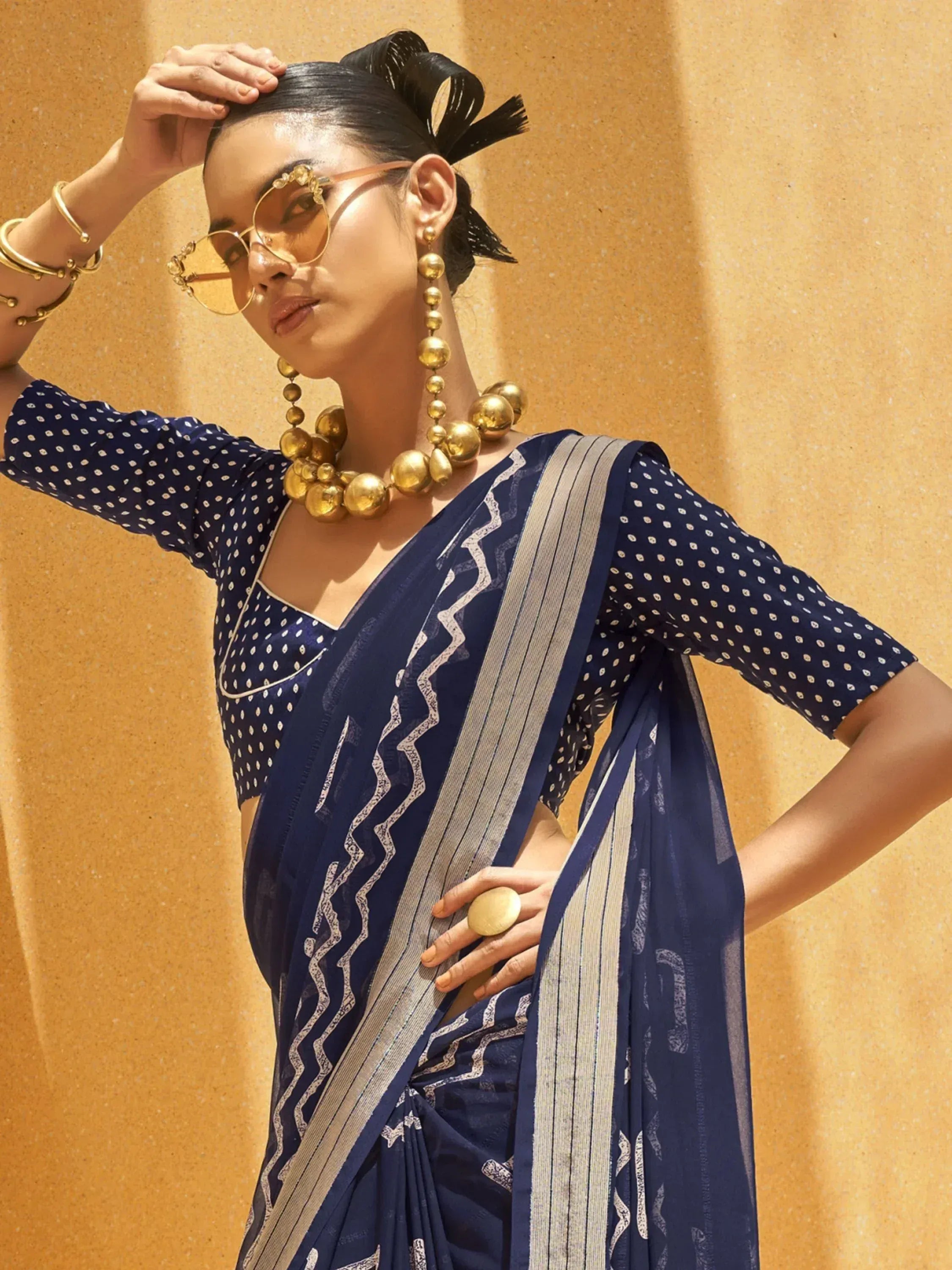 Pretty Navy Blue Foil Print Georgette Festival Wear Saree With Blouse