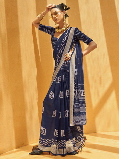 Pretty Navy Blue Foil Print Georgette Festival Wear Saree With Blouse