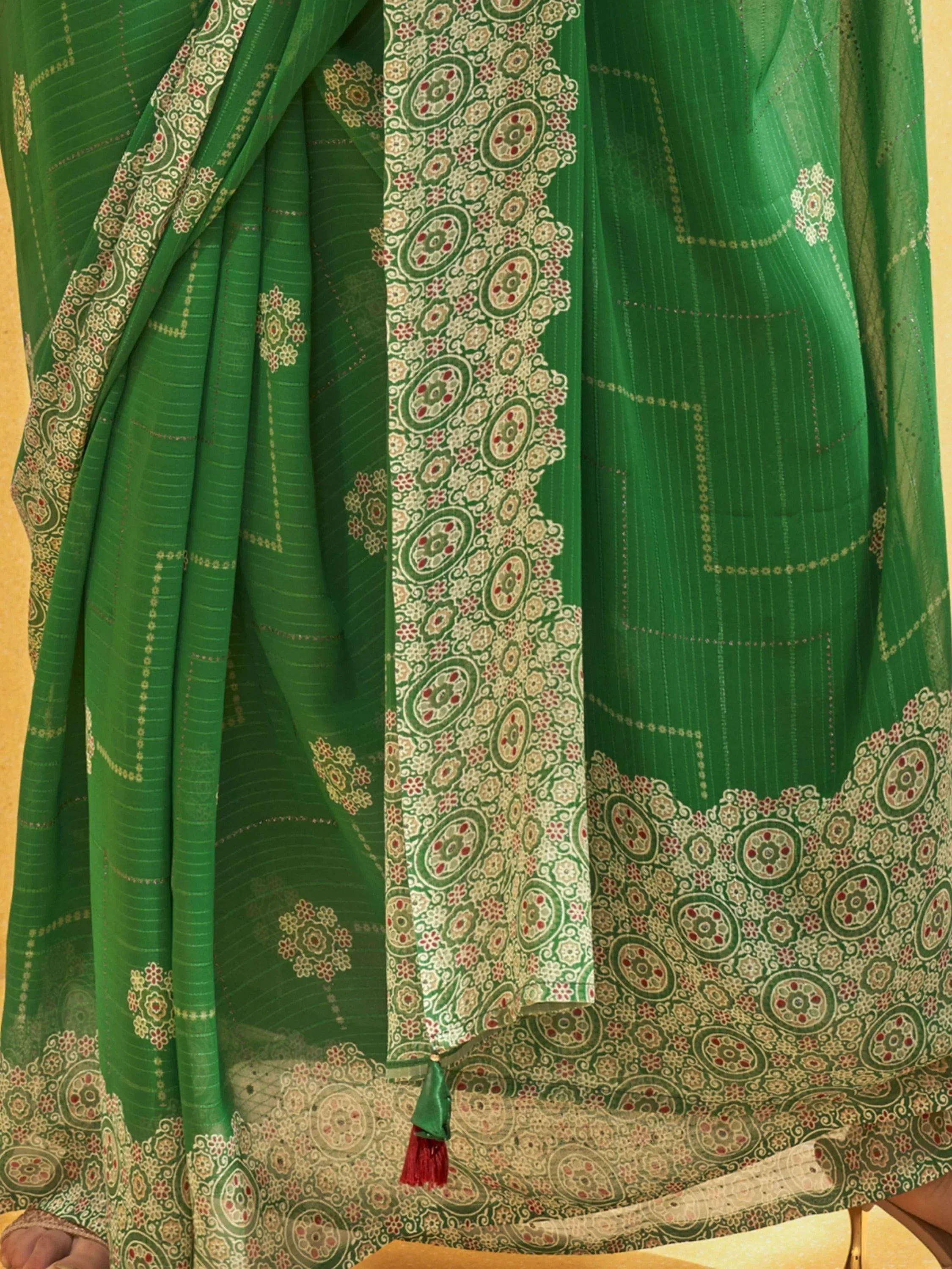 Fetching Green Foil Print Georgette Festival Wear Saree With Blouse
