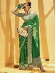 Fetching Green Foil Print Georgette Festival Wear Saree With Blouse