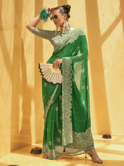 Fetching Green Foil Print Georgette Festival Wear Saree With Blouse