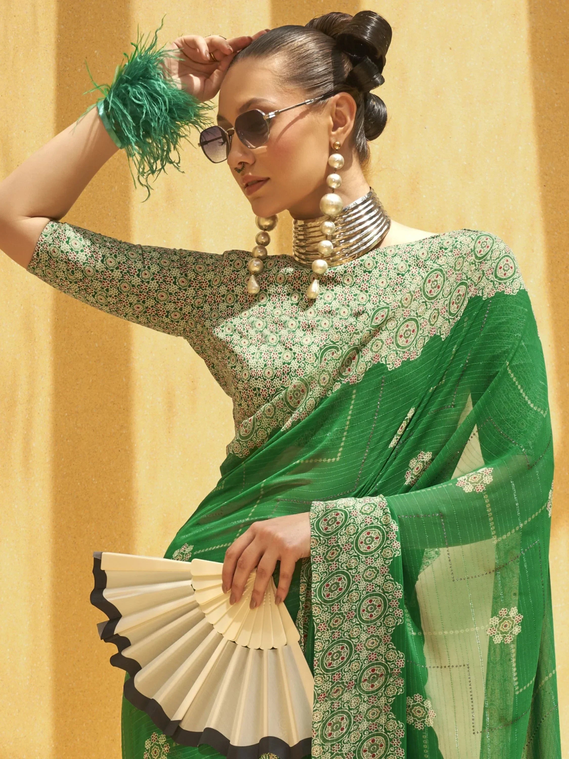 Fetching Green Foil Print Georgette Festival Wear Saree With Blouse