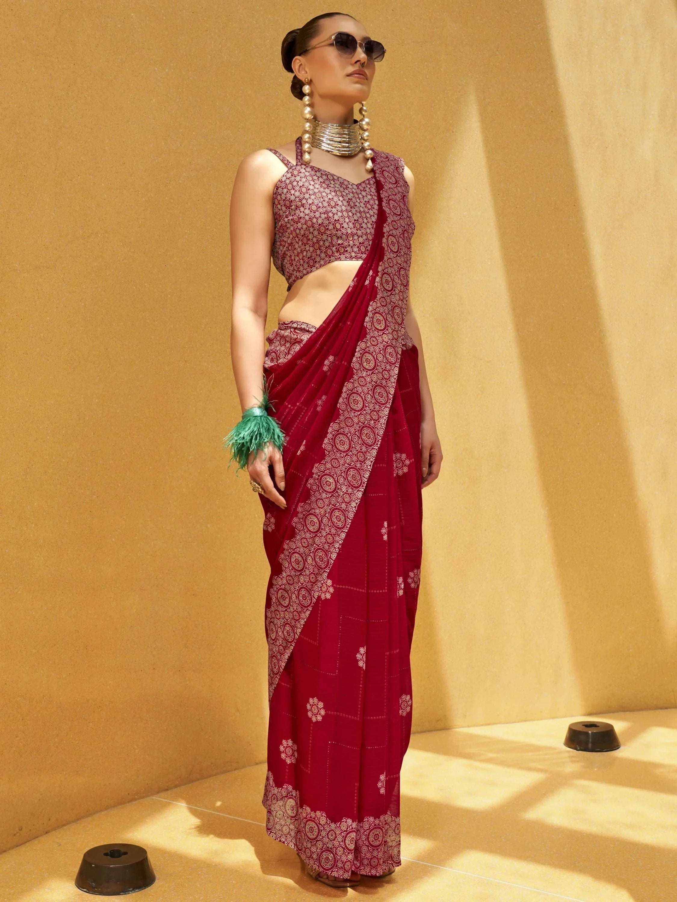 Beautiful Rani Pink Foil Print Georgette Festival Wear Saree With Blouse