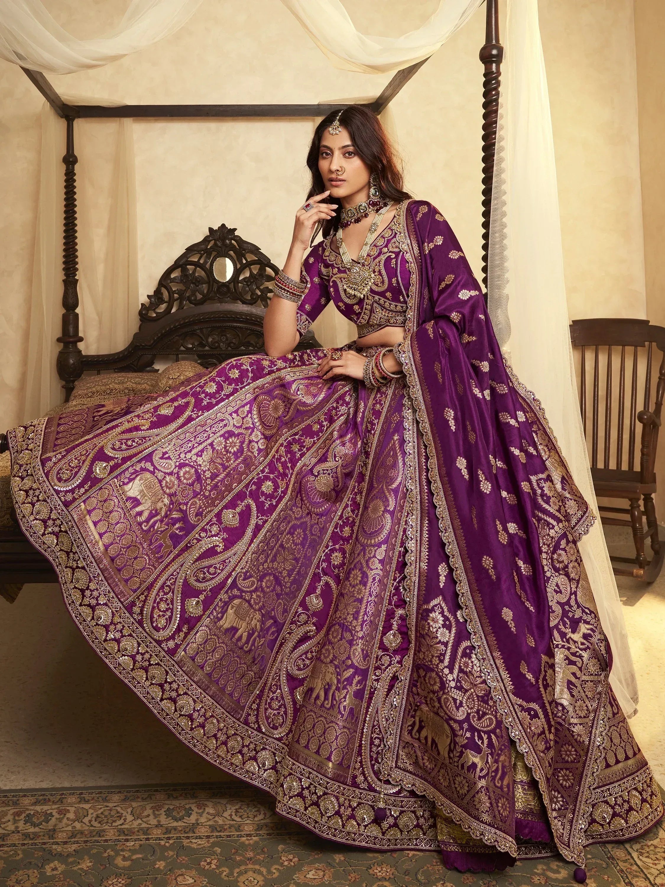 Bewitching Purple Embroidered Silk Engagement Wear Lehenga Choli