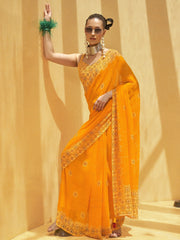 Adorable Yellow Foil Print Georgette Function Wear Saree With Blouse