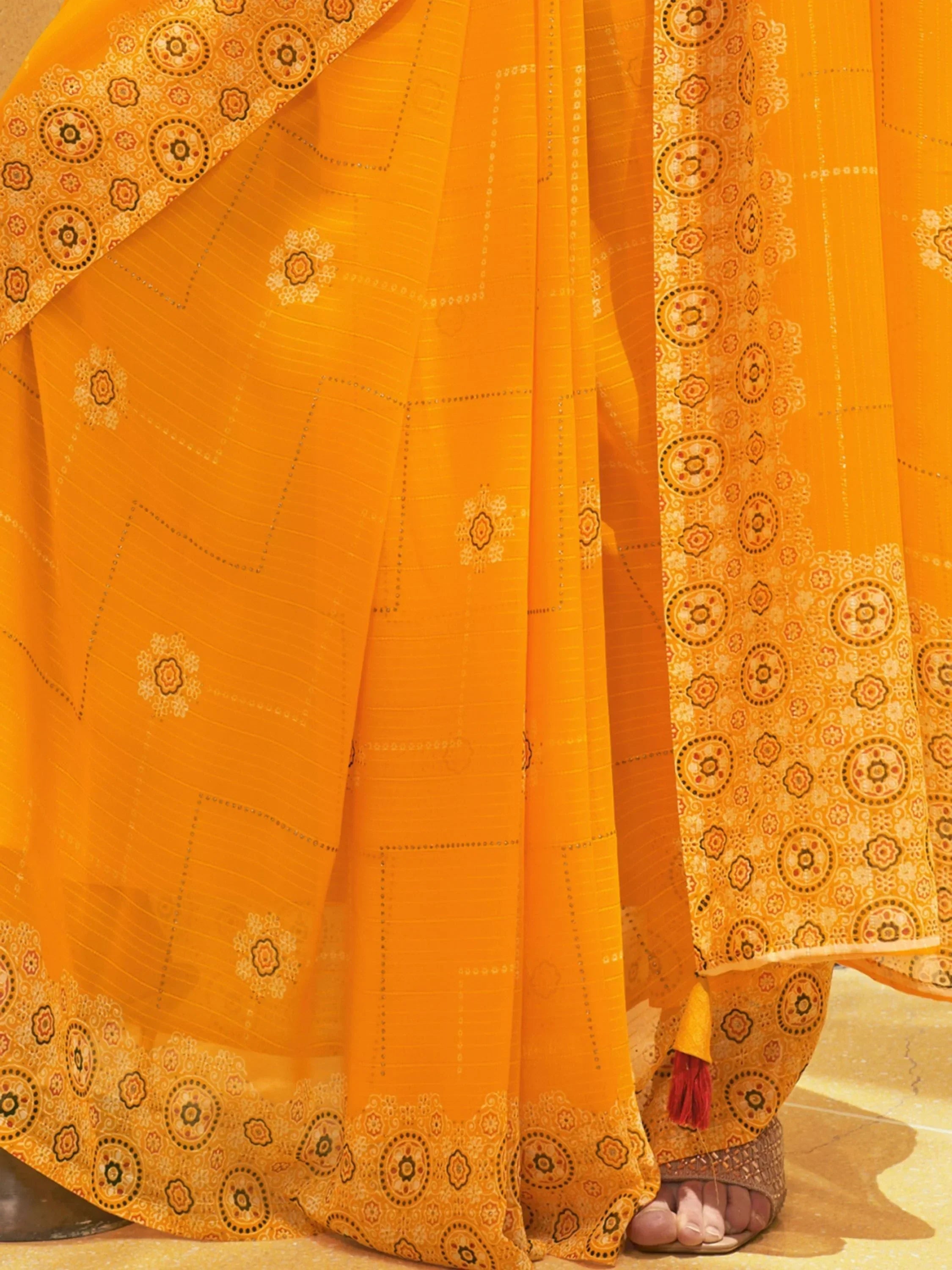 Adorable Yellow Foil Print Georgette Function Wear Saree With Blouse