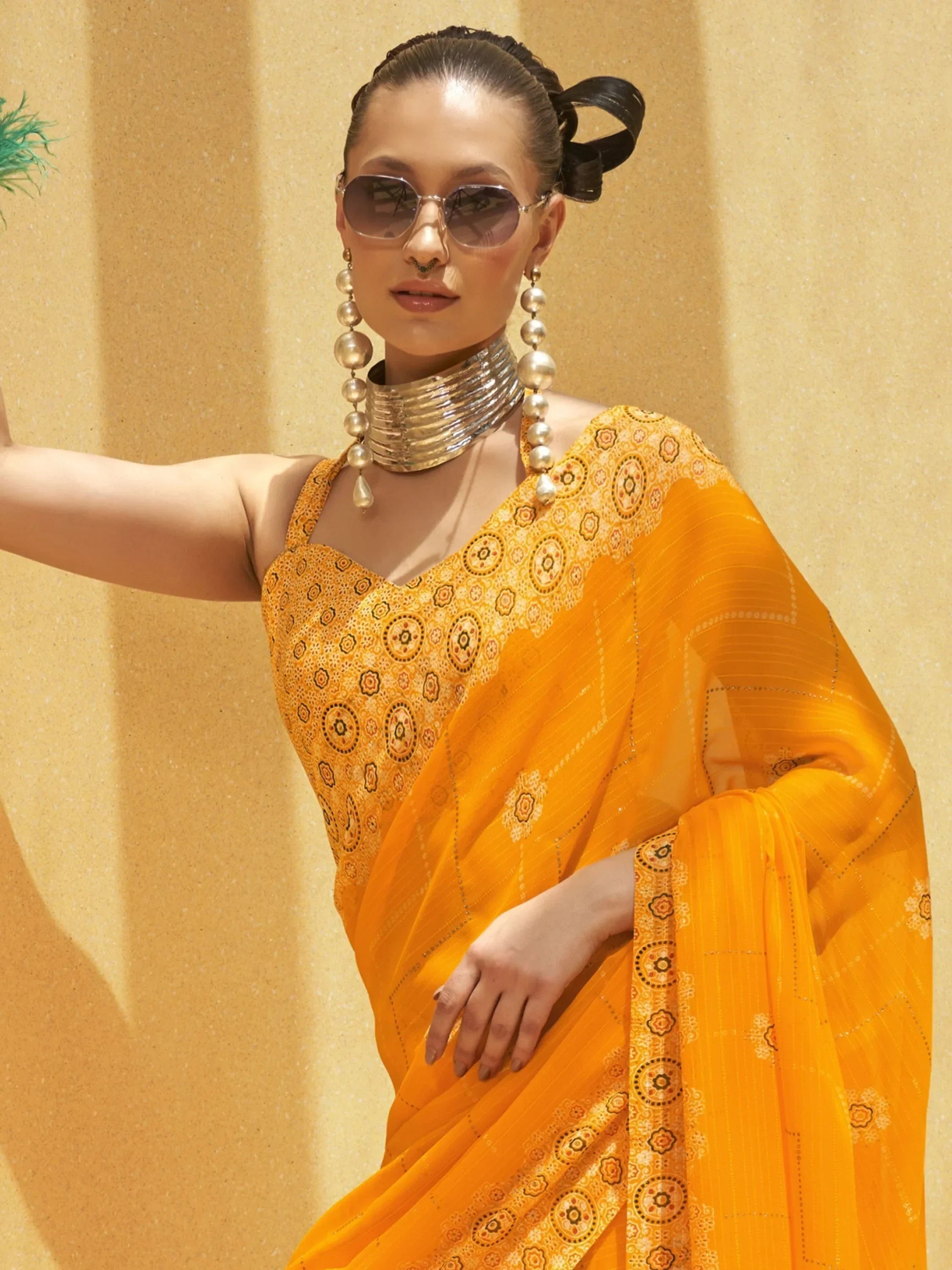 Adorable Yellow Foil Print Georgette Function Wear Saree With Blouse