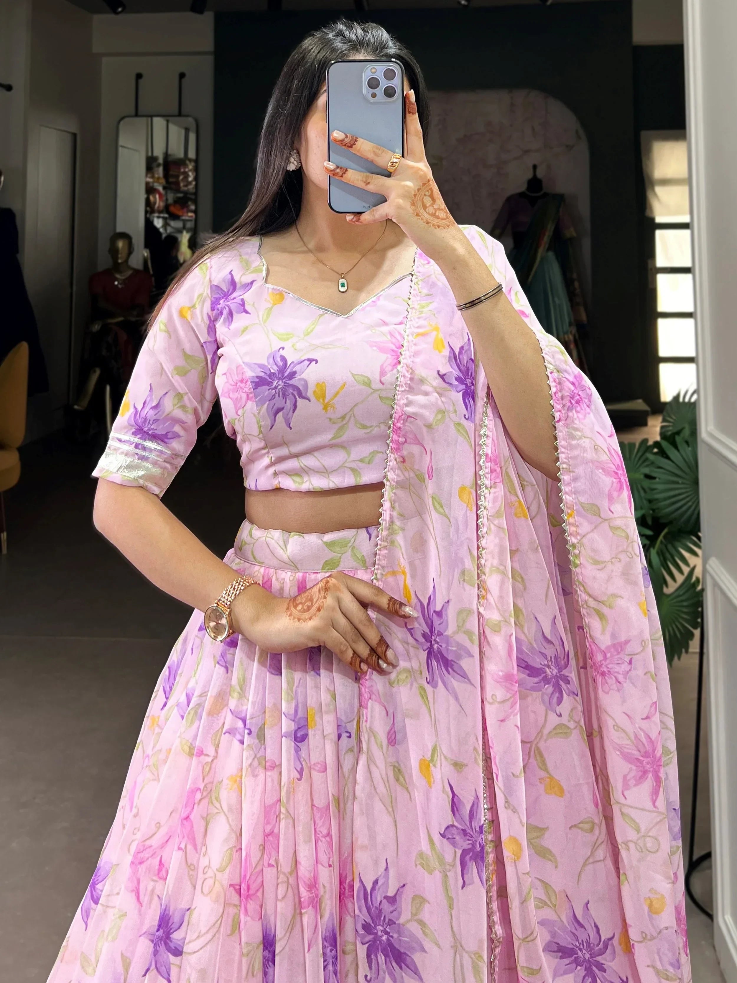 Outstanding Purple Floral Printed Silk Bridesmaid Lehenga Choli
