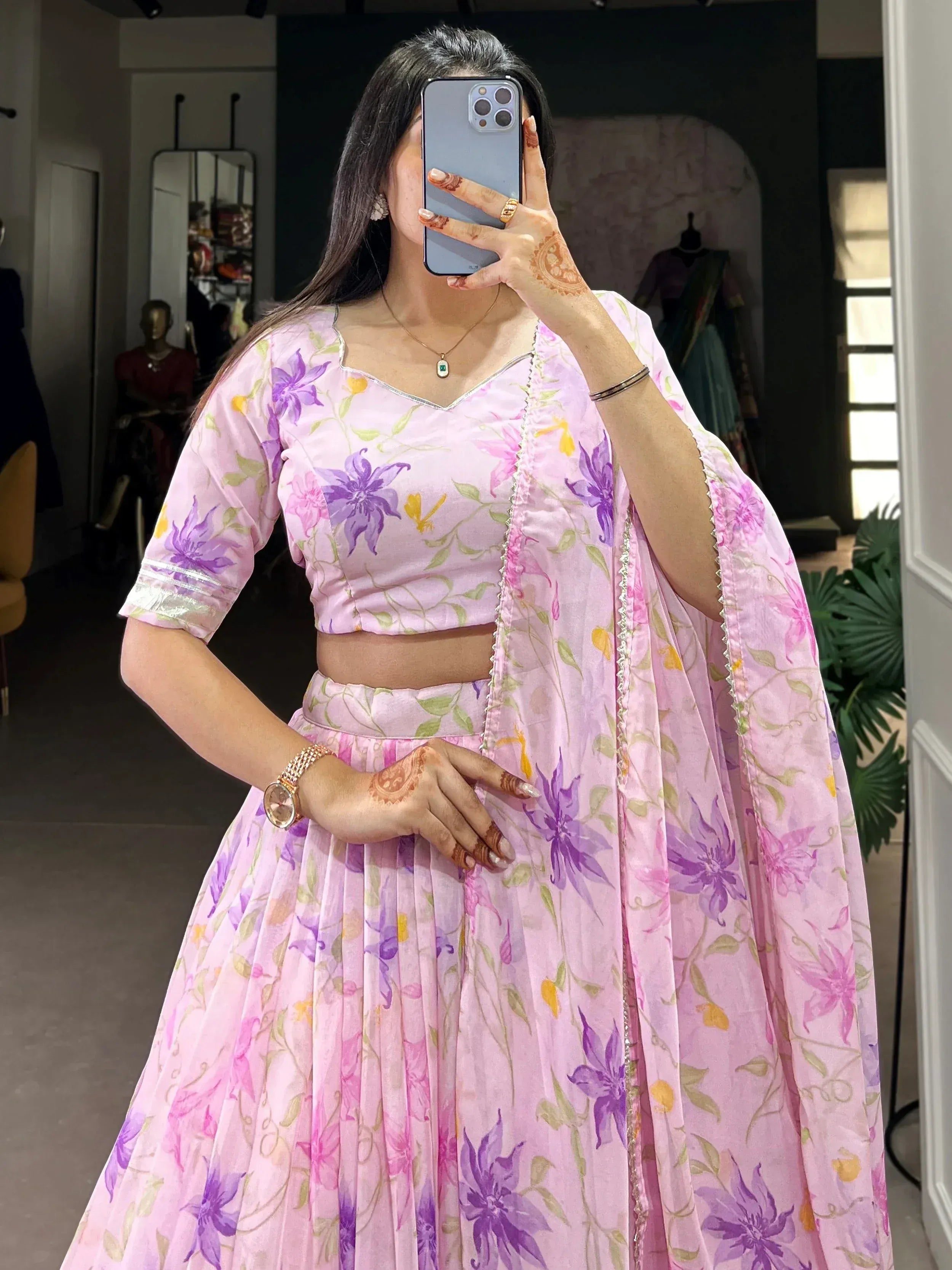 Outstanding Purple Floral Printed Silk Bridesmaid Lehenga Choli