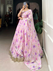 Outstanding Purple Floral Printed Silk Bridesmaid Lehenga Choli