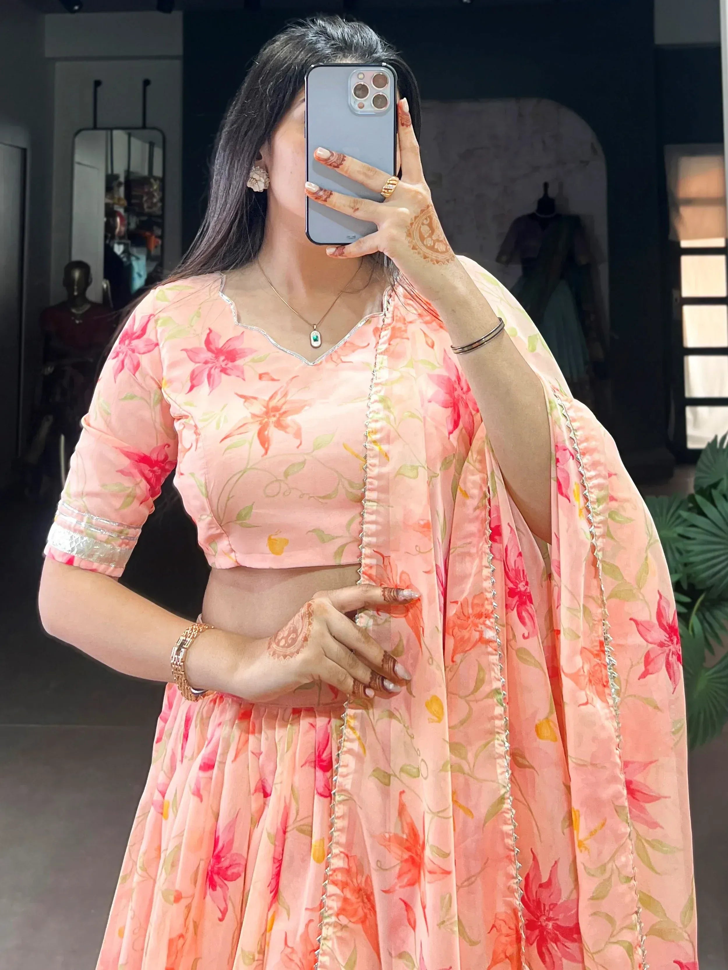 Stunning Peach Floral Printed Silk Festive Wear Lehenga Choli