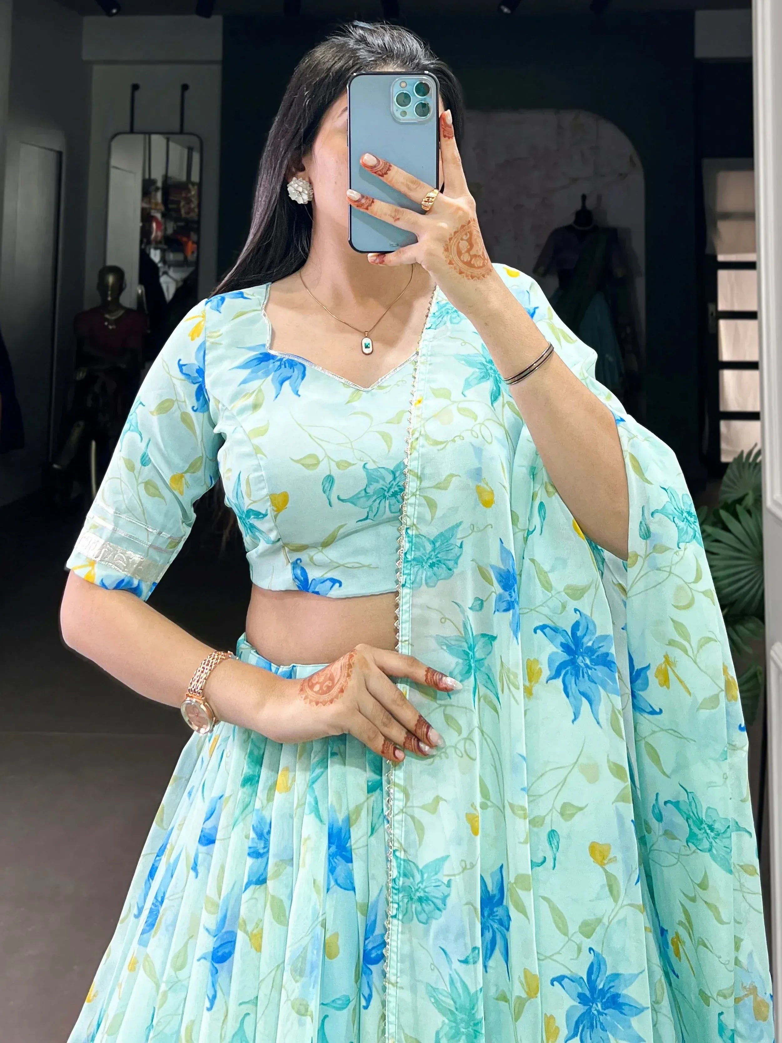 Attractive Sky Blue Floral Printed Silk Festive Wear Lehenga Choli