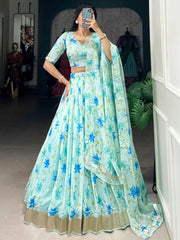 Attractive Sky Blue Floral Printed Silk Festive Wear Lehenga Choli